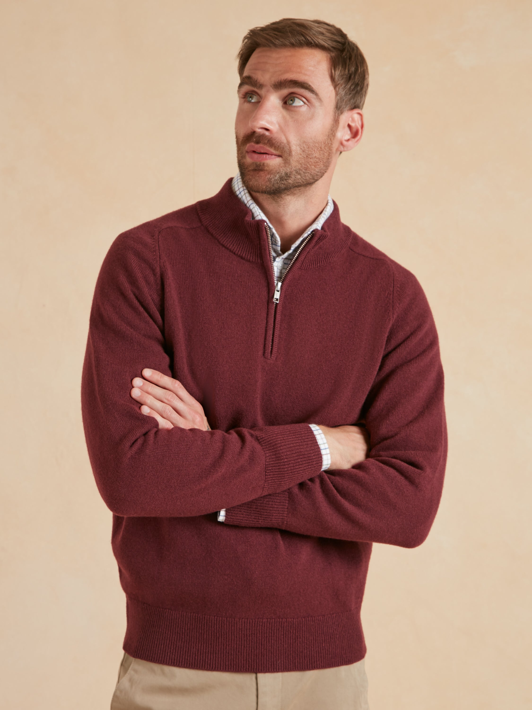 Quarter Zip Lambswool Jumper - Burgundy