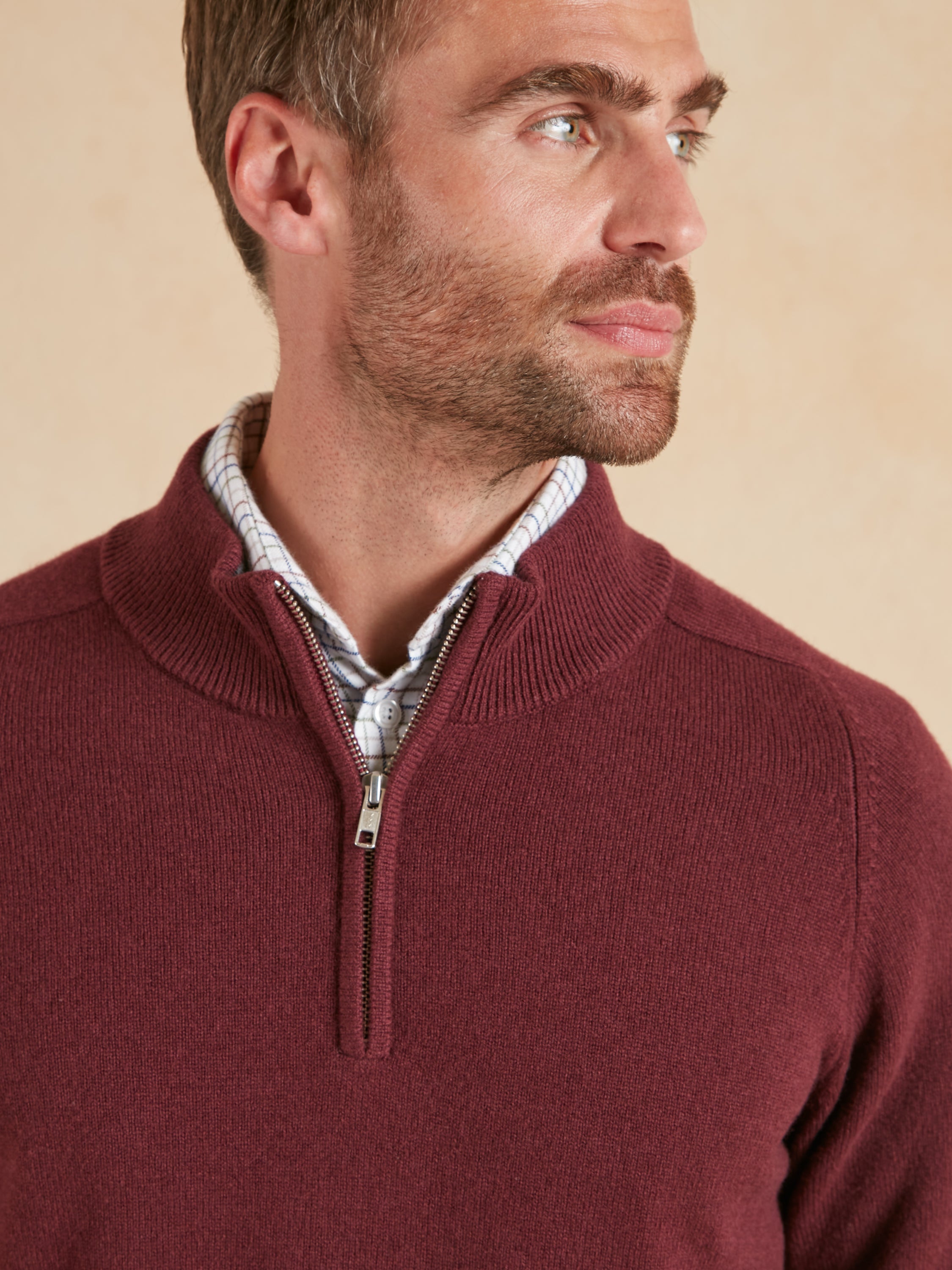 Quarter Zip Lambswool Jumper - Burgundy