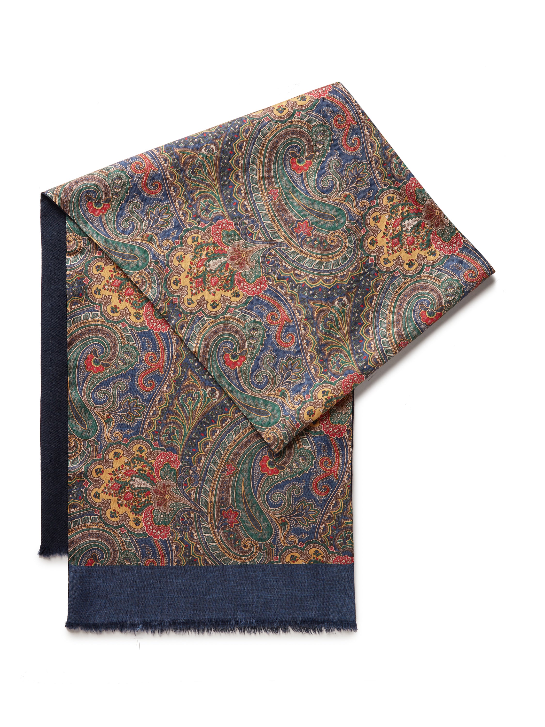 Wool and Silk Paisley Scarf - Navy