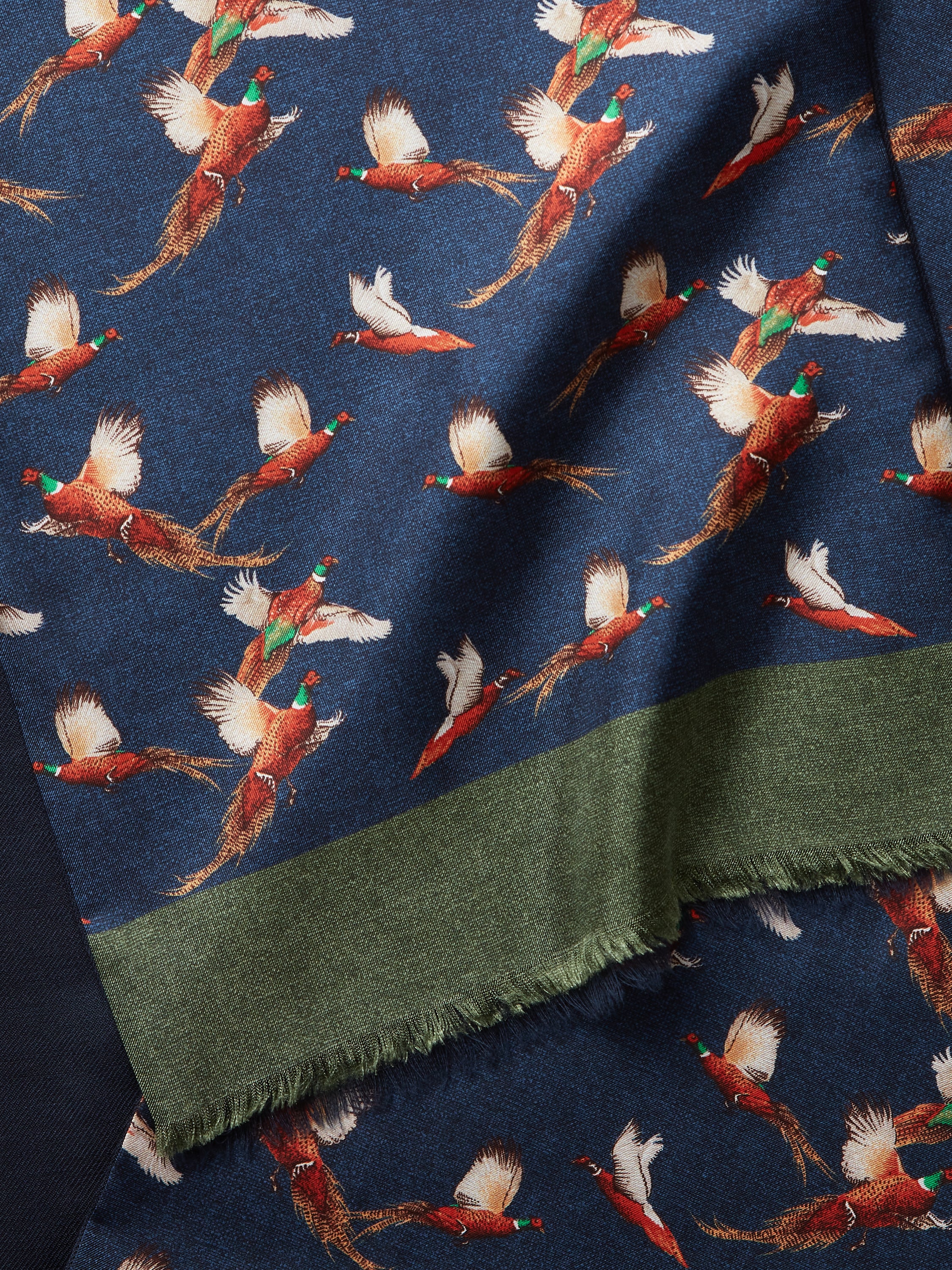 Wool and Silk Flying Pheasant Scarf - Navy