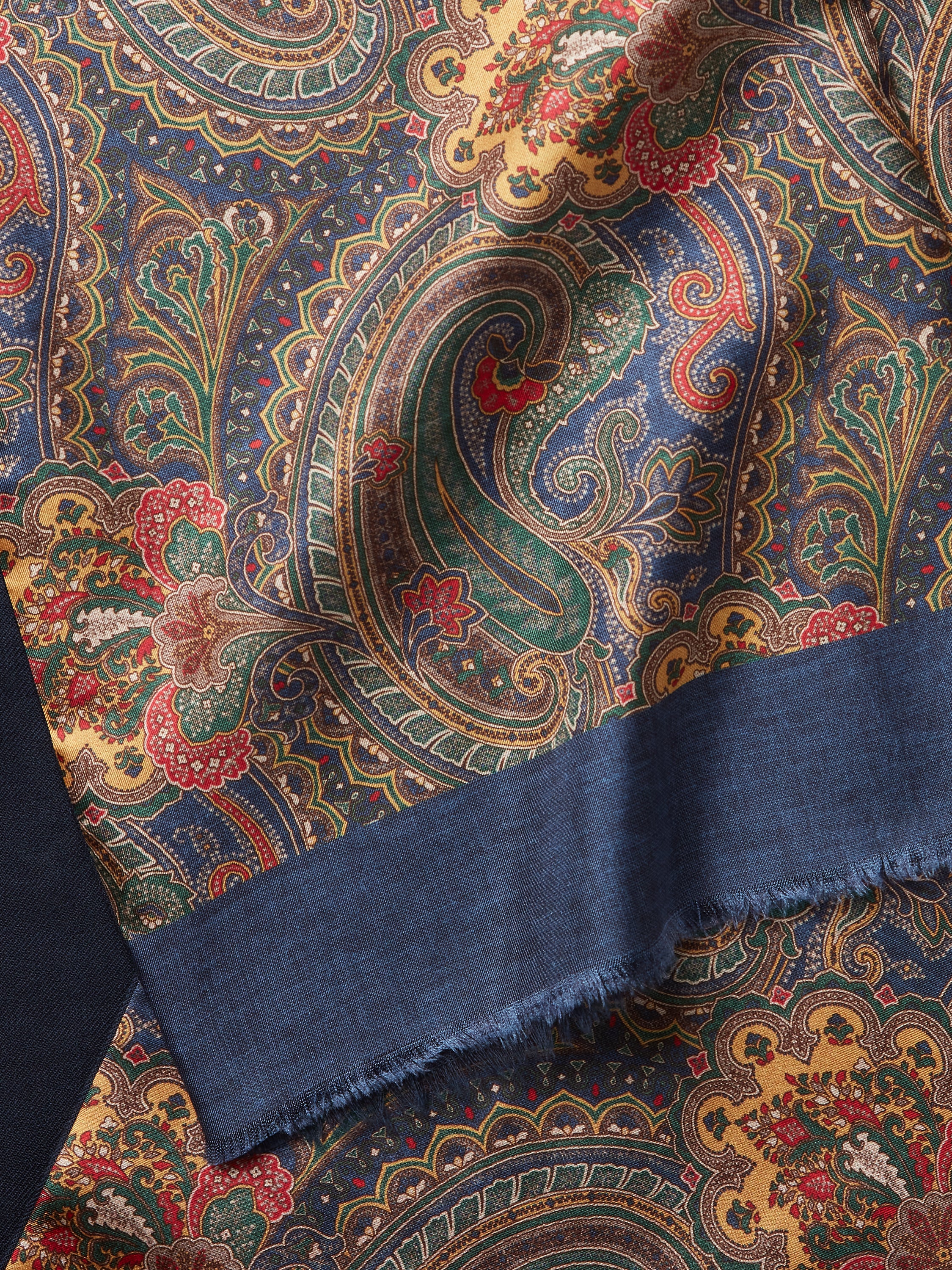 Wool and Silk Paisley Scarf - Navy