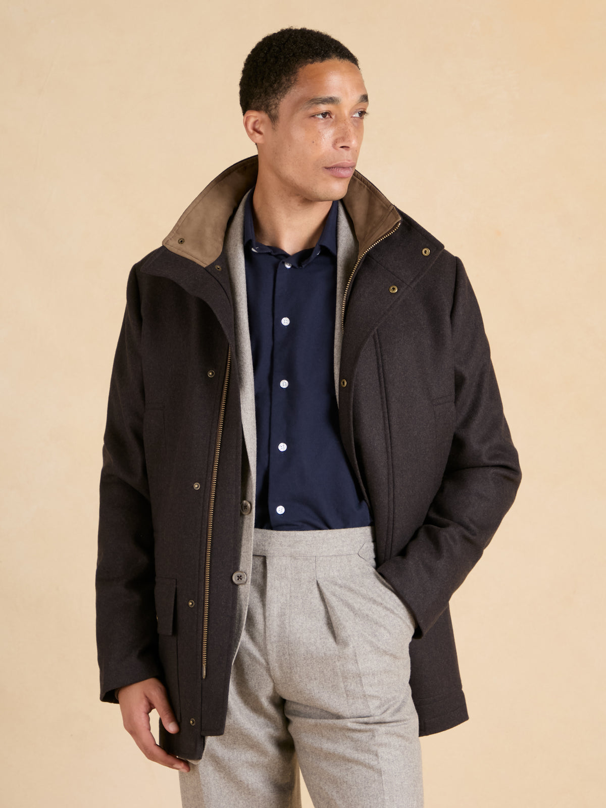 Draycott Stand-Collar Coat - Brown Double Melton Wool