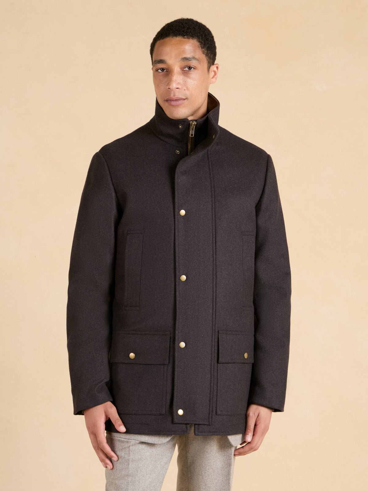 Draycott Stand-Collar Coat - Brown Double Melton Wool