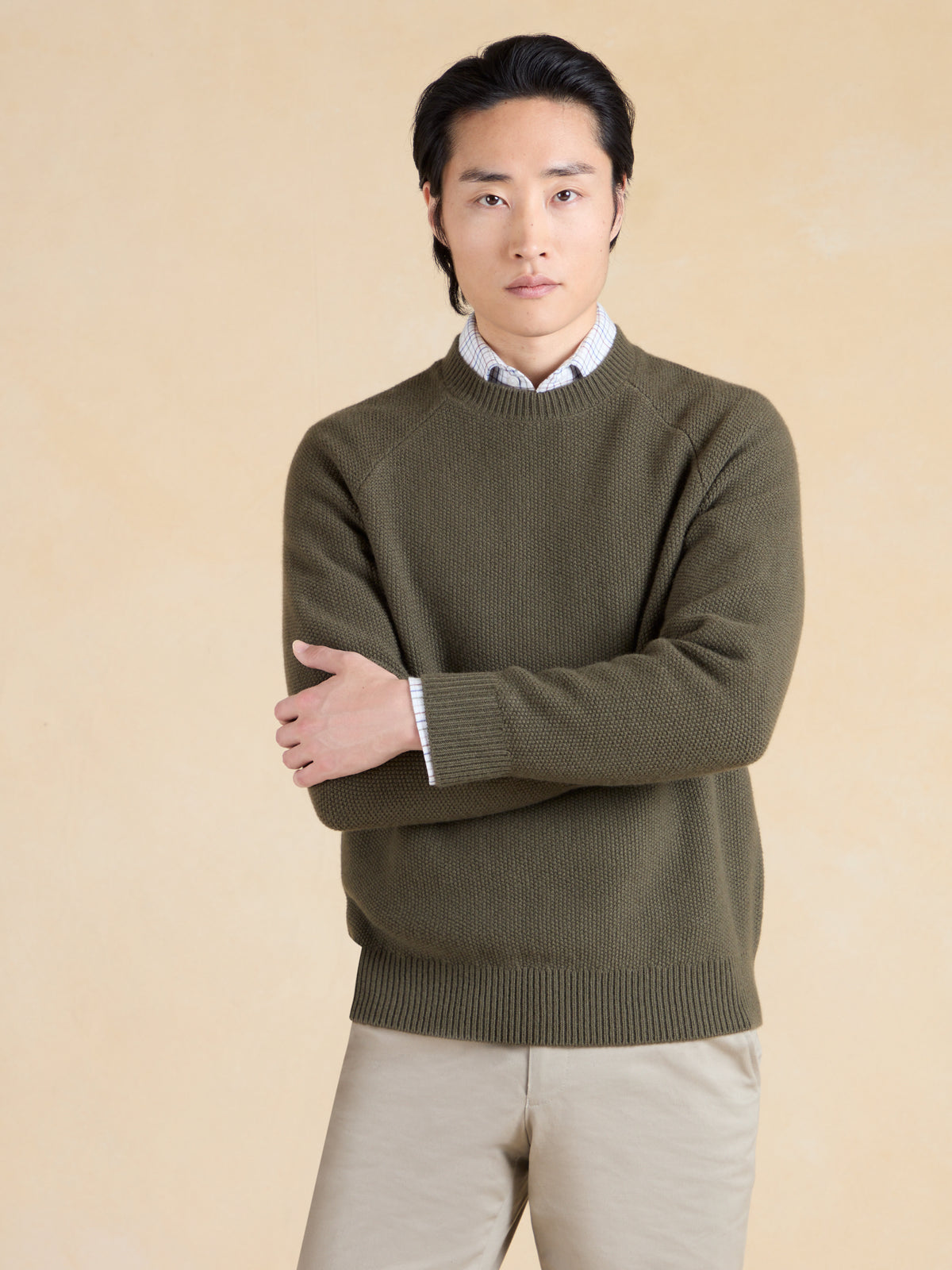 Lansdowne Moss Stitch Crew Neck Jumper - Olive Lambswool
