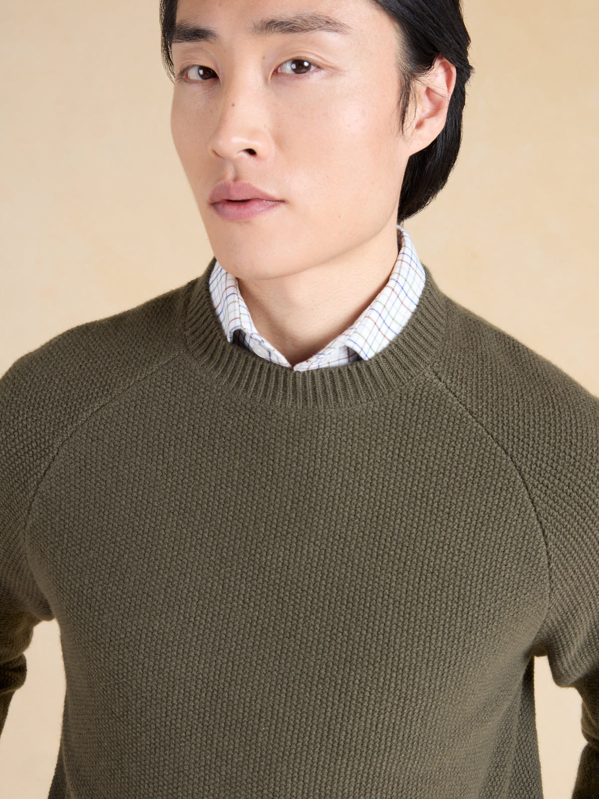 Lansdowne Moss Stitch Crew Neck Jumper - Olive Lambswool