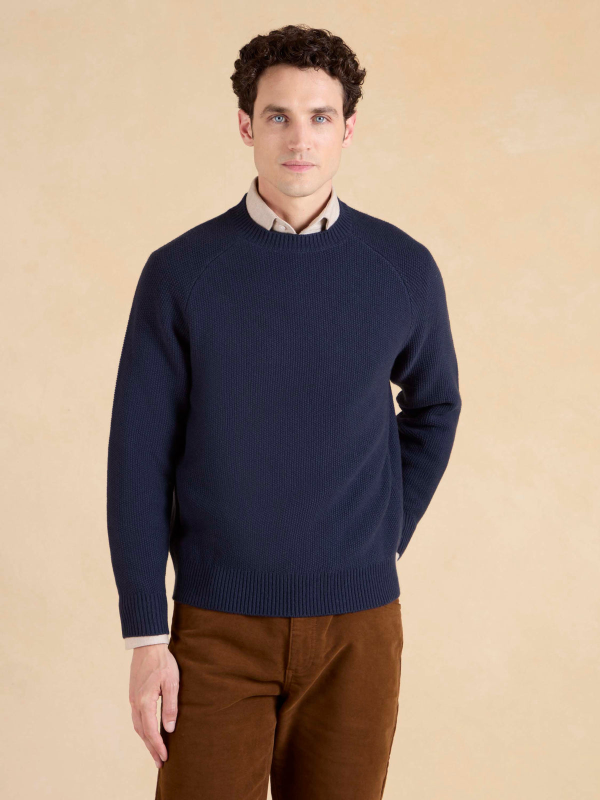 Lansdowne Moss Stitch Crew Neck Jumper - Navy Lambswool