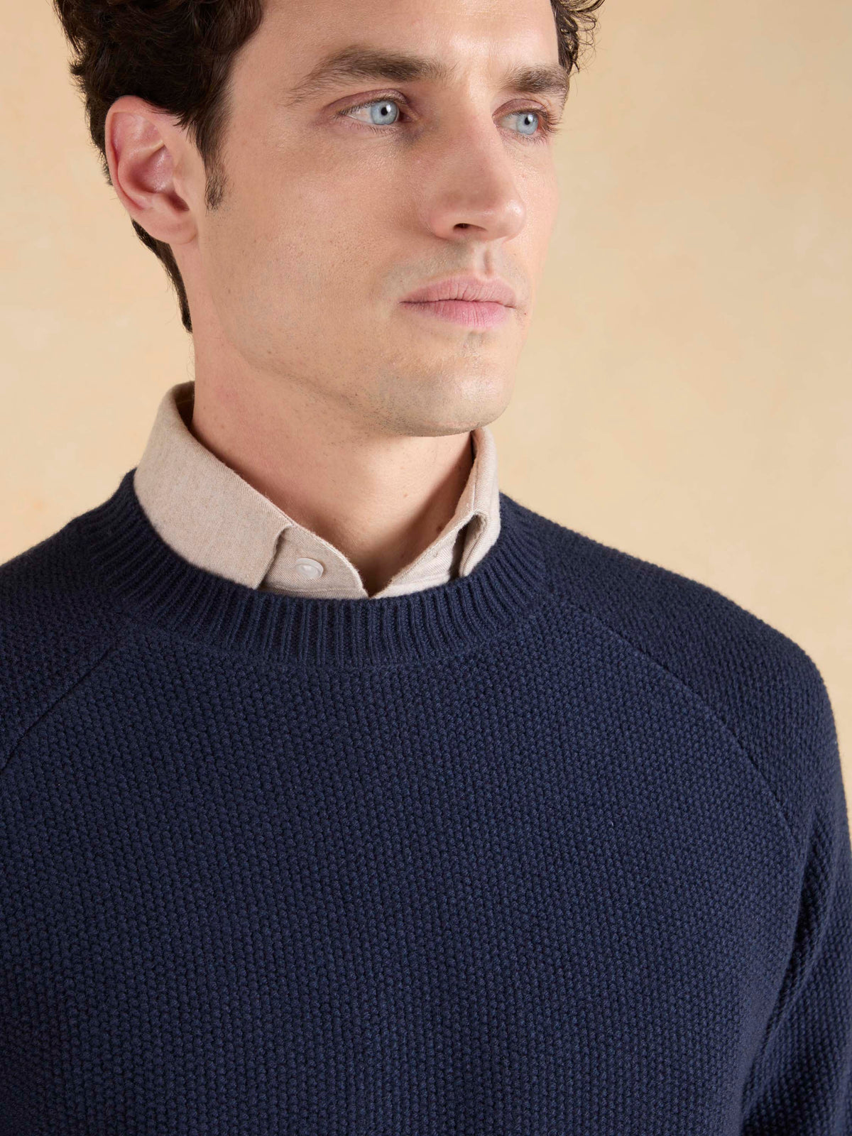 Lansdowne Moss Stitch Crew Neck Jumper - Navy Lambswool