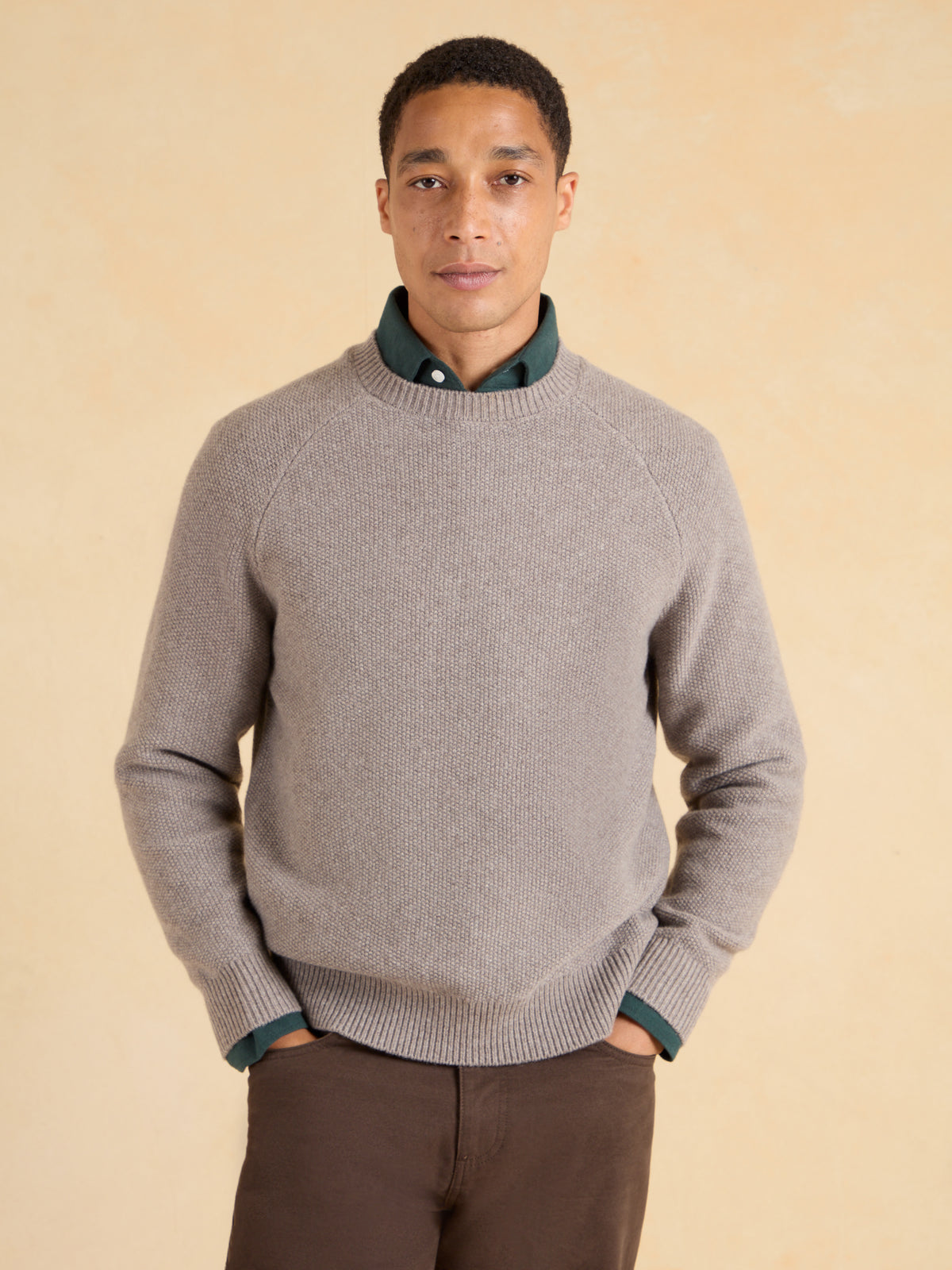 Lansdowne Moss Stitch Crew Neck Jumper - Taupe Lambswool