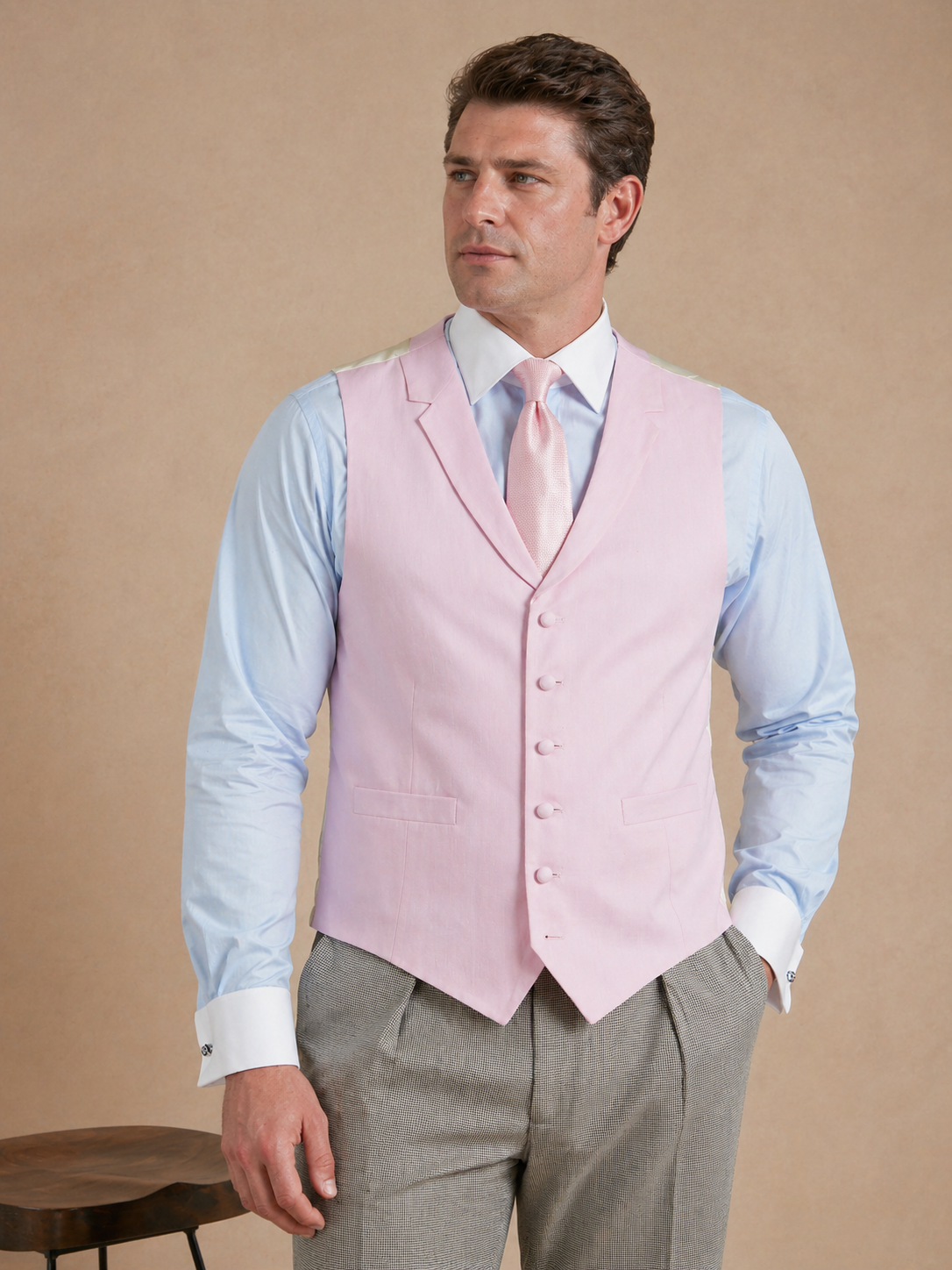 Single Breasted Linen Waistcoat - Pink (Extended Sizing)