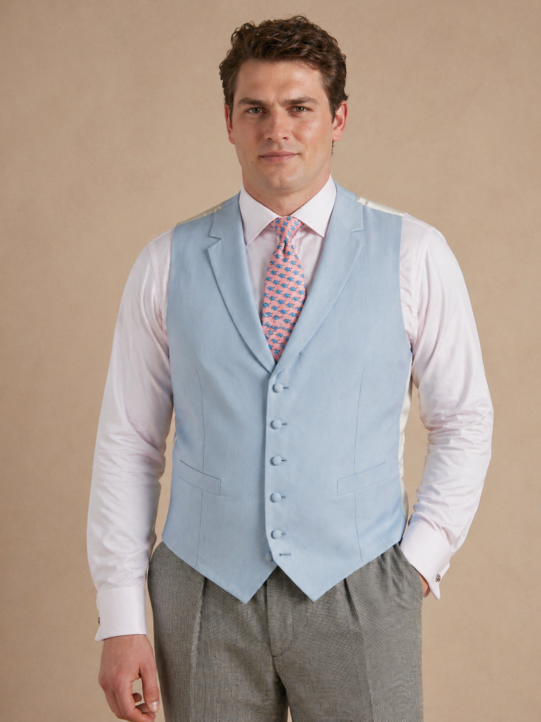 Single Breasted Linen Waistcoat - Pale Blue (Extended Sizing)