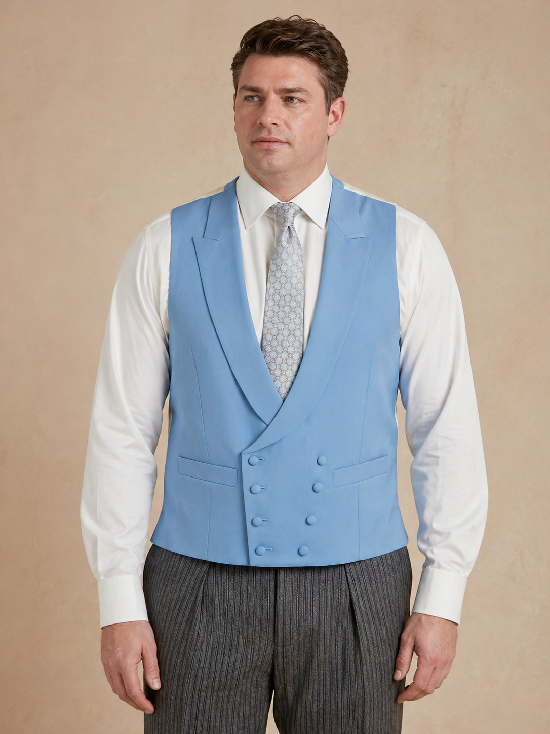 Double Breasted Wool Waistcoat - Mid Blue (Extended Sizing)
