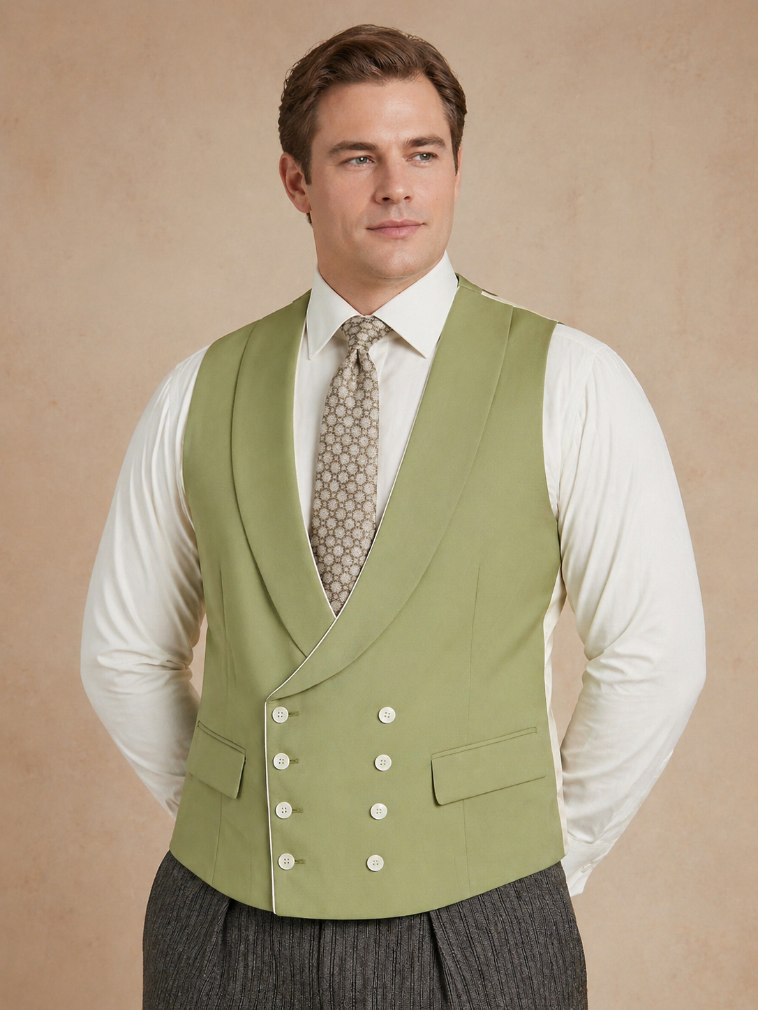 Double Breasted Wool Waistcoat With Piping - Green (Extended Sizing)
