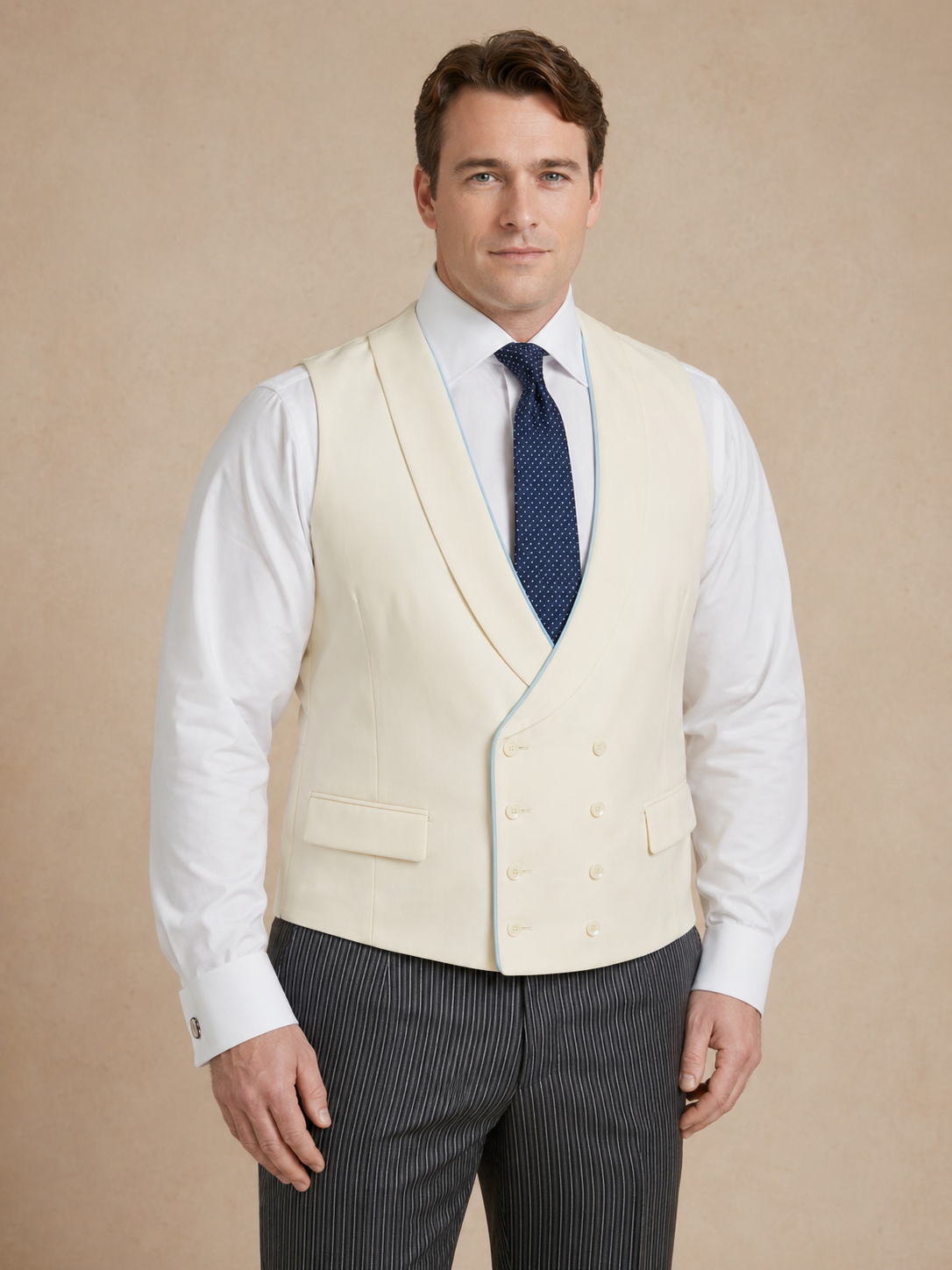 Double Breasted Wool Waistcoat With Piping - Cream (Extended Sizing)