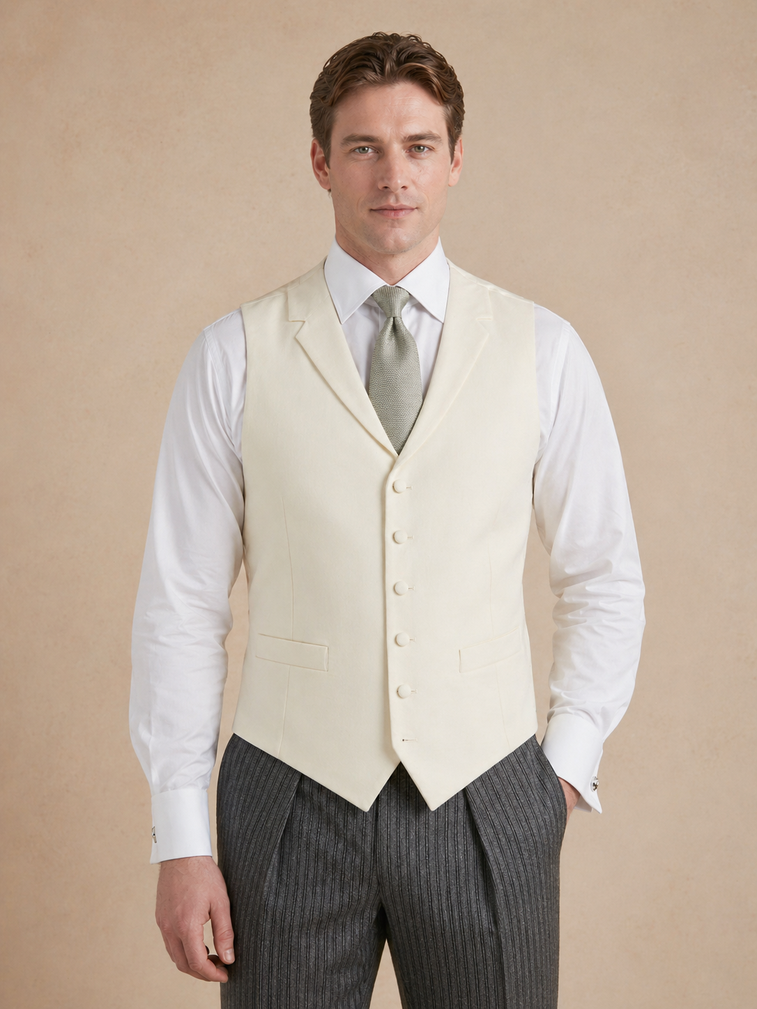 Single Breasted Wool Waistcoat - Cream (Extended Sizing)