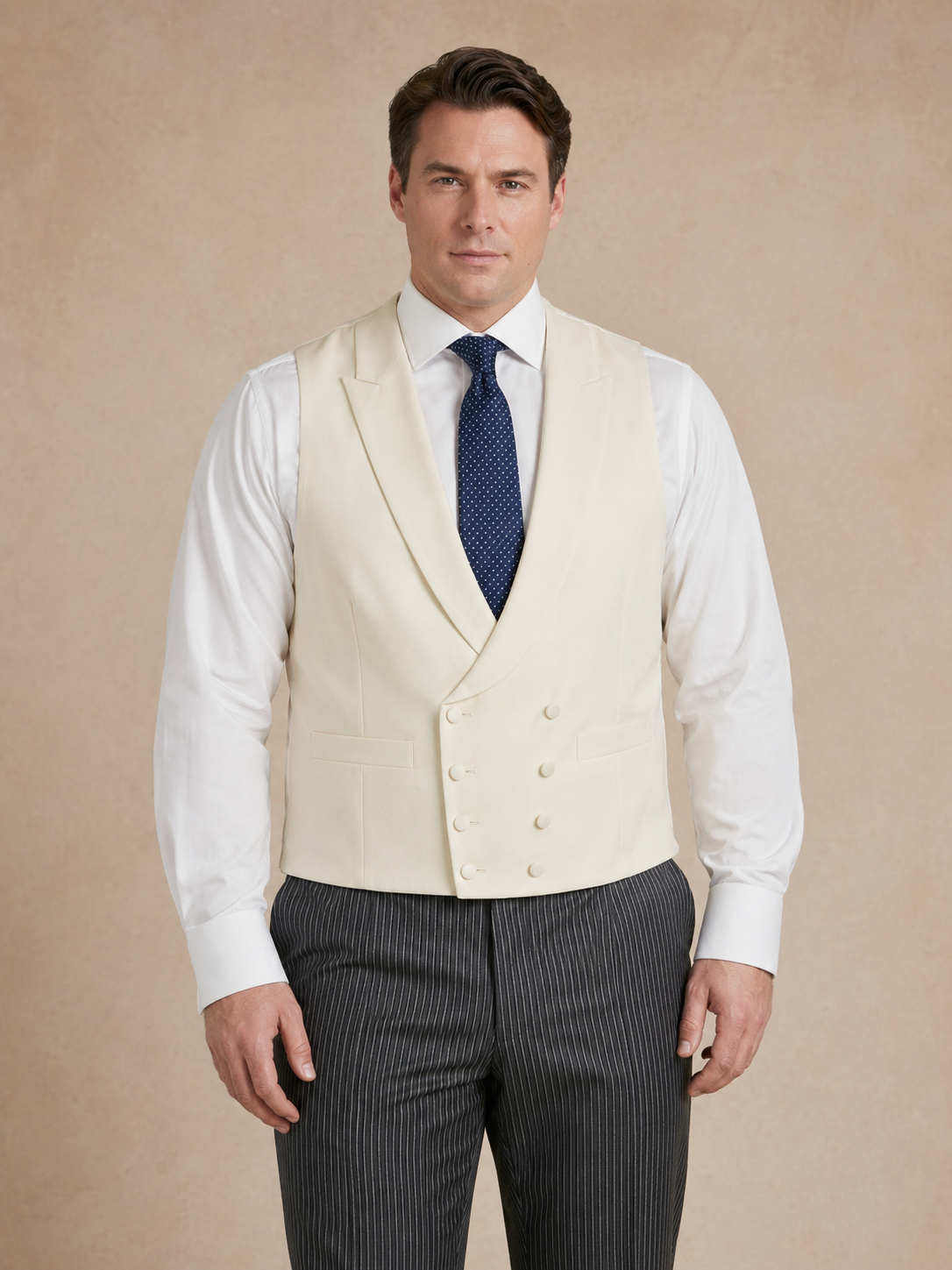 Double Breasted Wool Waistcoat - Cream (Extended Sizing)