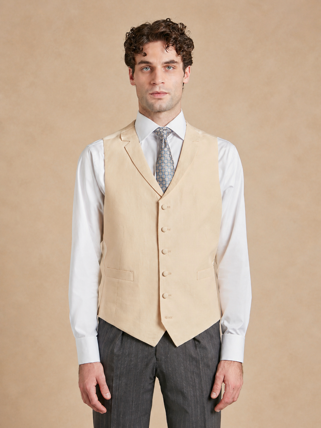 Single Breasted Linen Waistcoat - Beige