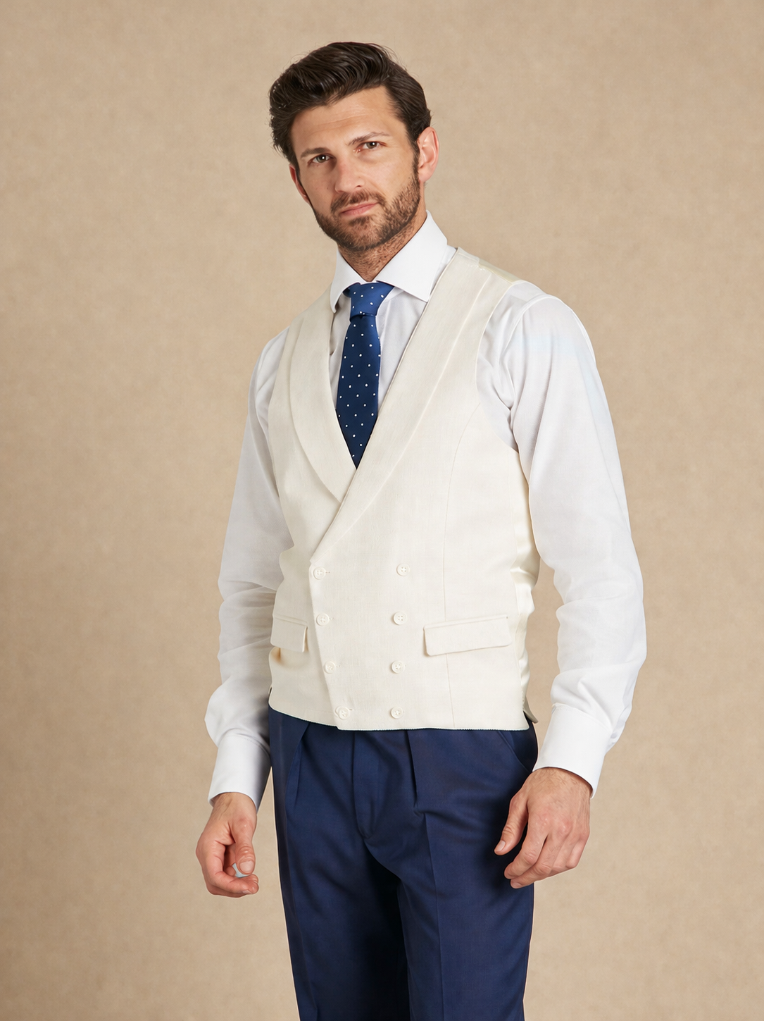 Double Breasted Waistcoat With Piping - Ivory Herringbone