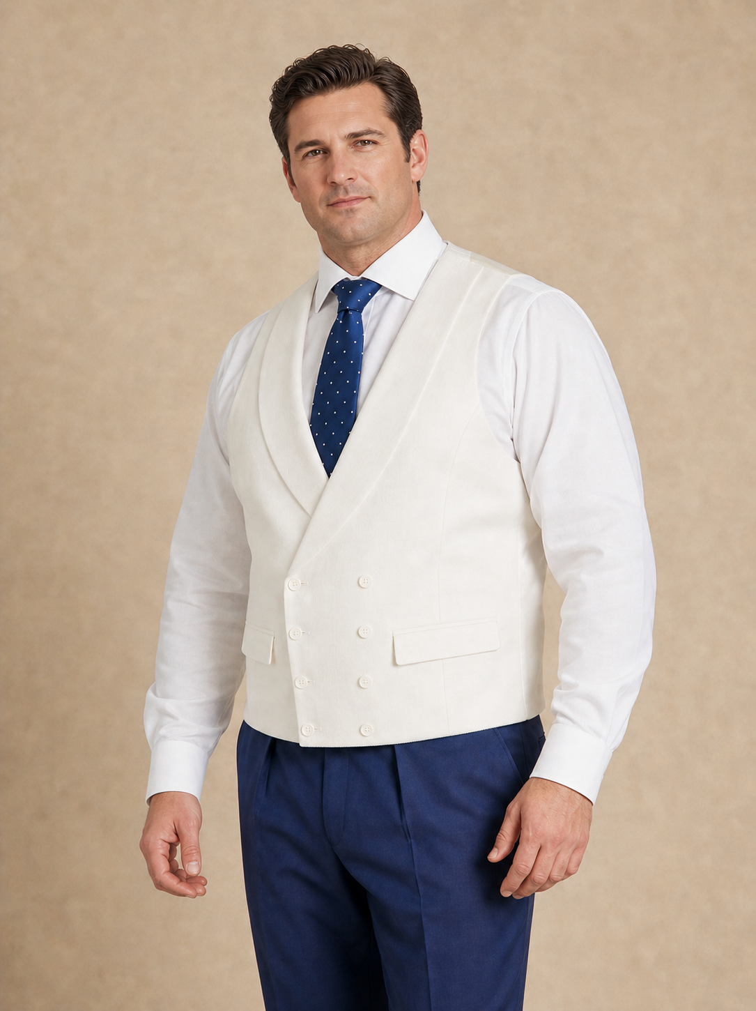Double Breasted Waistcoat With Piping - Ivory Herringbone (Extended Sizing)