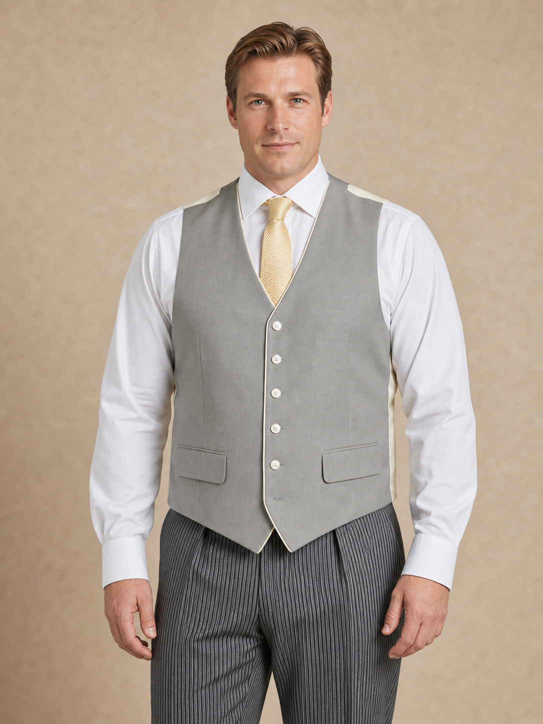 Single Breasted Linen Waistcoat With Piping - Grey (Extended Sizing)