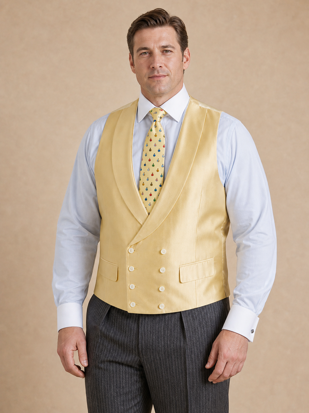 Double Breasted Silk Waistcoat With Piping - Yellow (Extended Sizing)