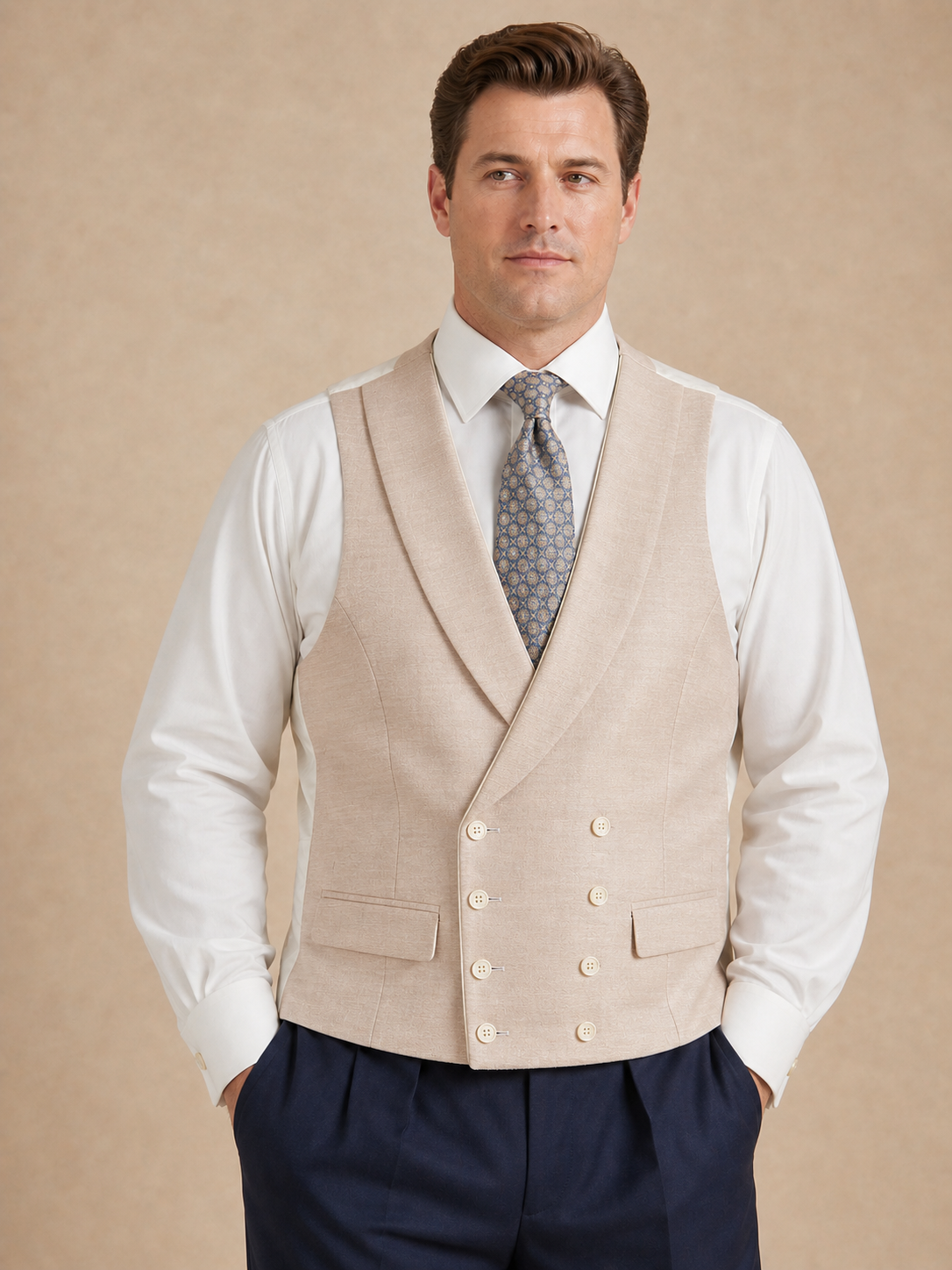 Double Breasted Waistcoat Woven Silk - Rose Smoke (Extended Sizing)