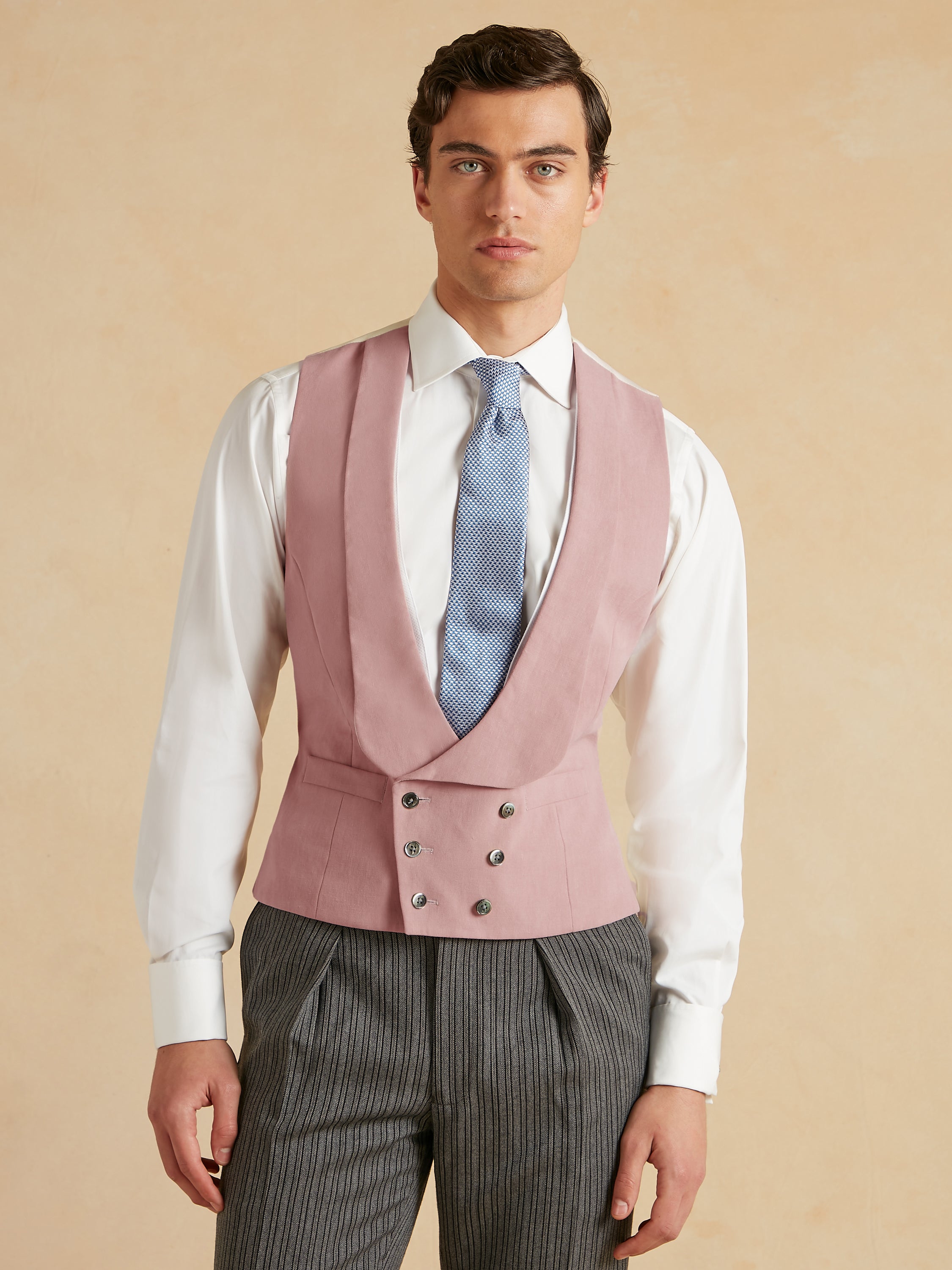 Deep Shawl Lapel Double Breasted Linen Waistcoat - Pink