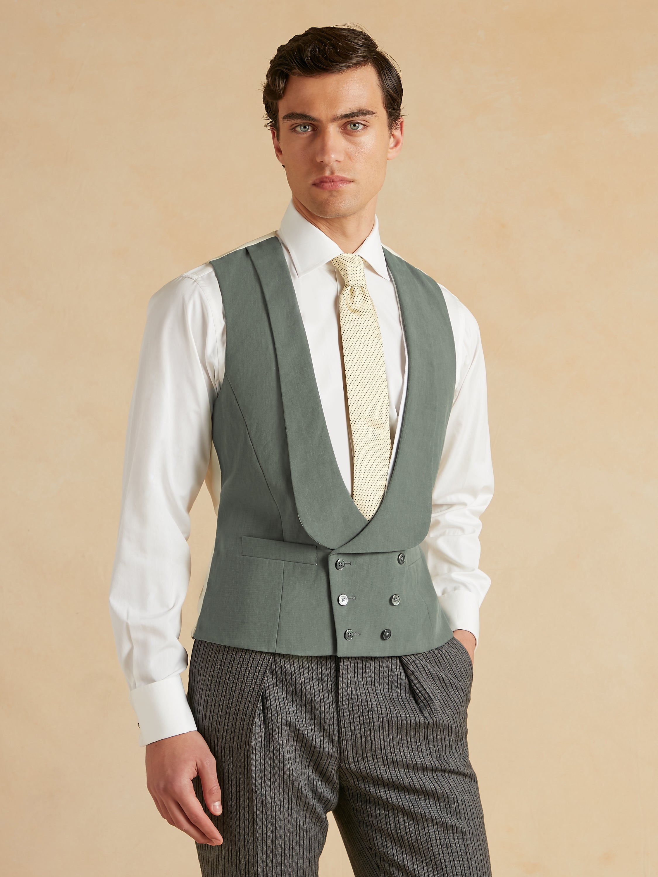 Deep Shawl Lapel Double Breasted Linen Waistcoat - Sage Green