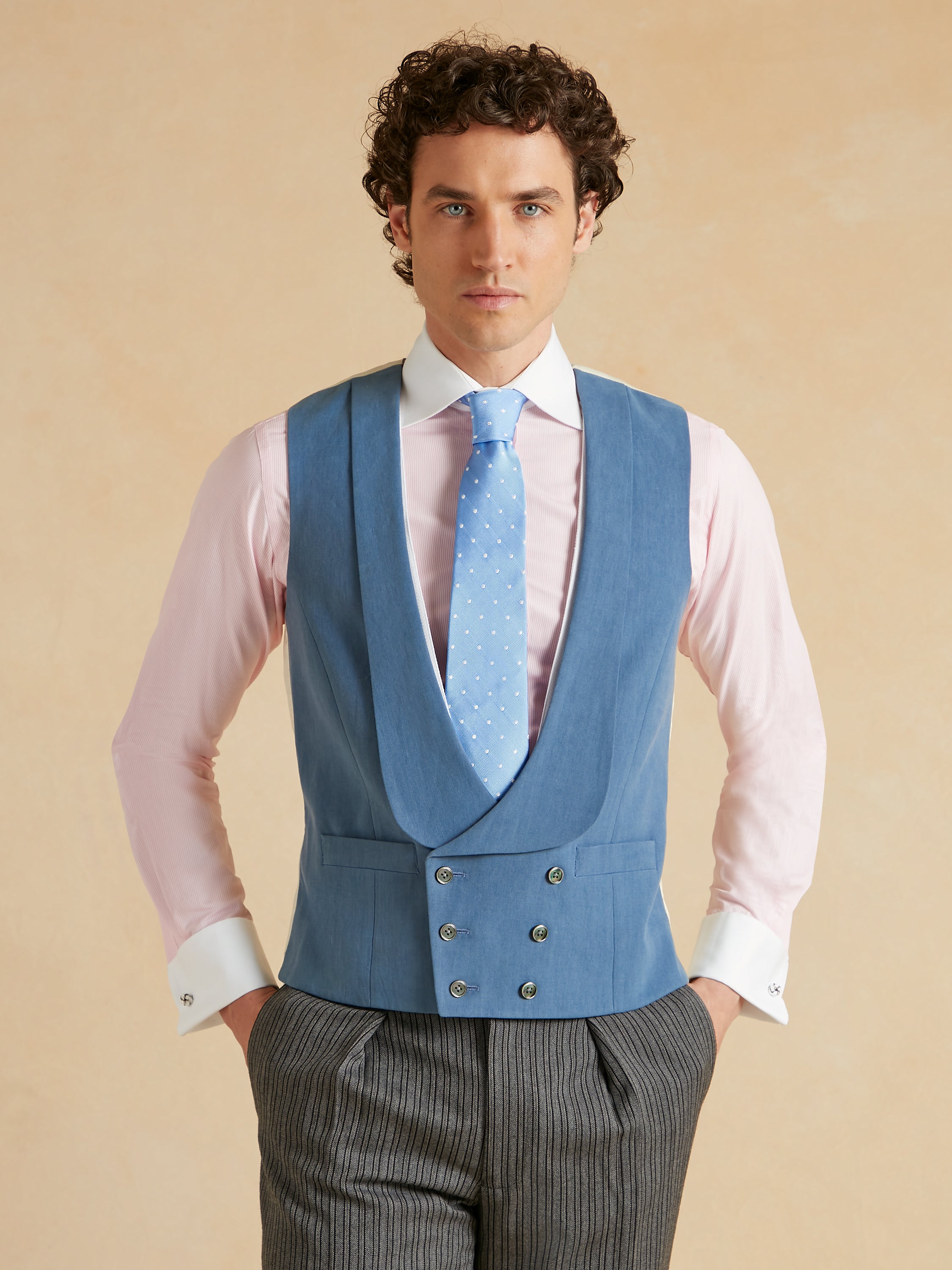 Deep Shawl Lapel Double Breasted Linen Waistcoat - Mid Blue