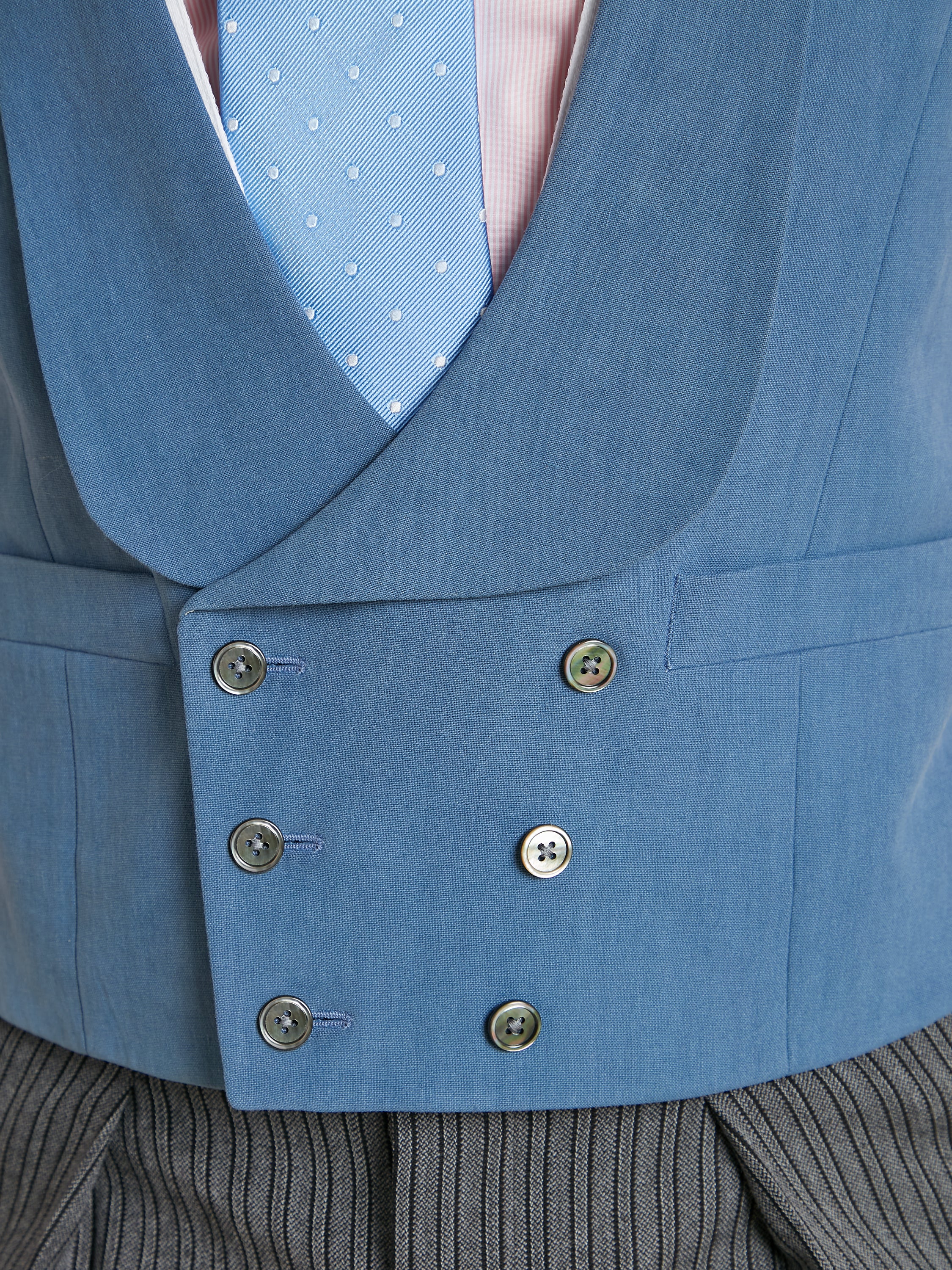 Deep Shawl Lapel Double Breasted Linen Waistcoat - Mid Blue