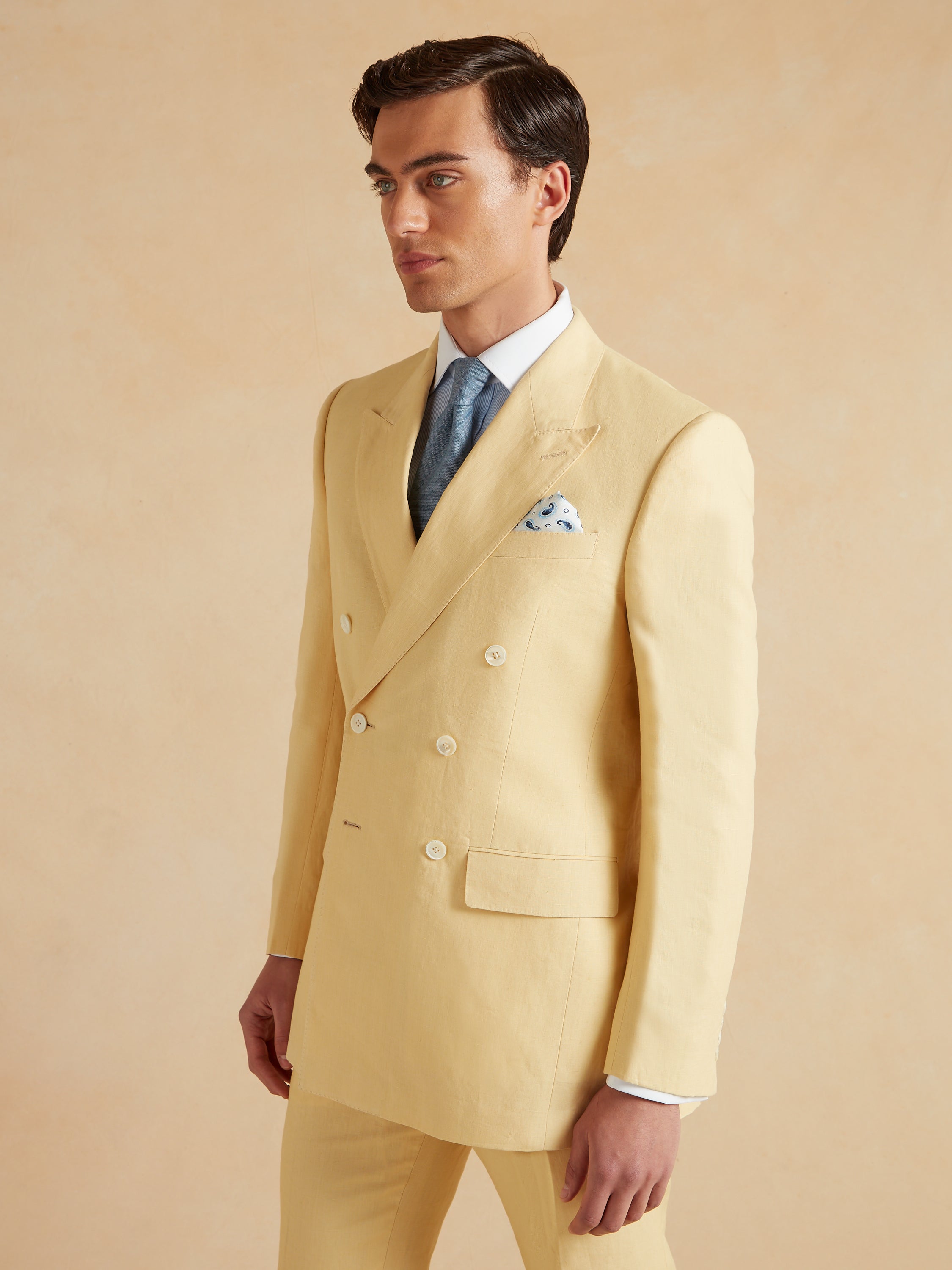 Double Breasted Peak Lapel Jacket - Yellow Linen