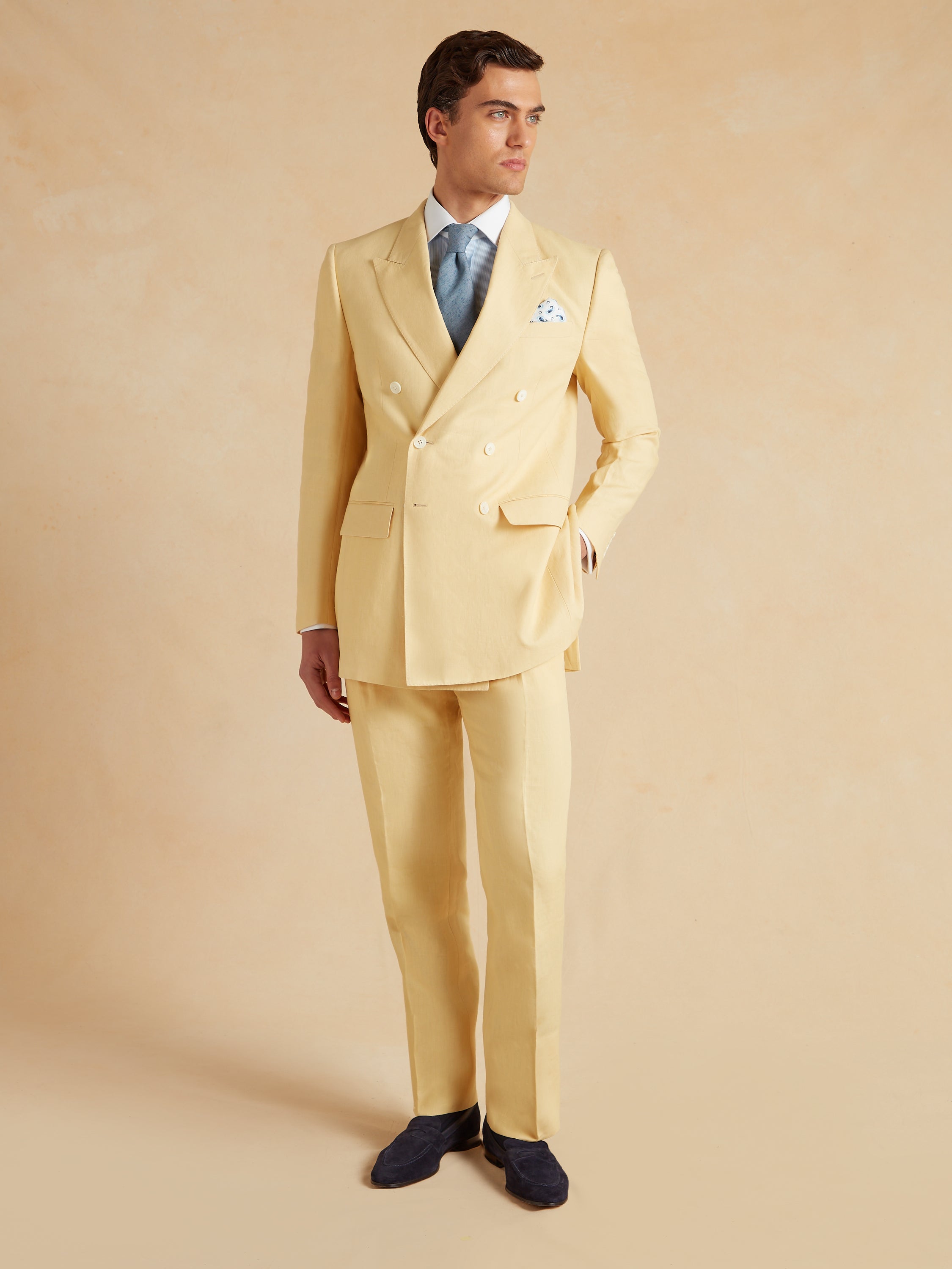 Double Breasted Peak Lapel Jacket - Yellow Linen