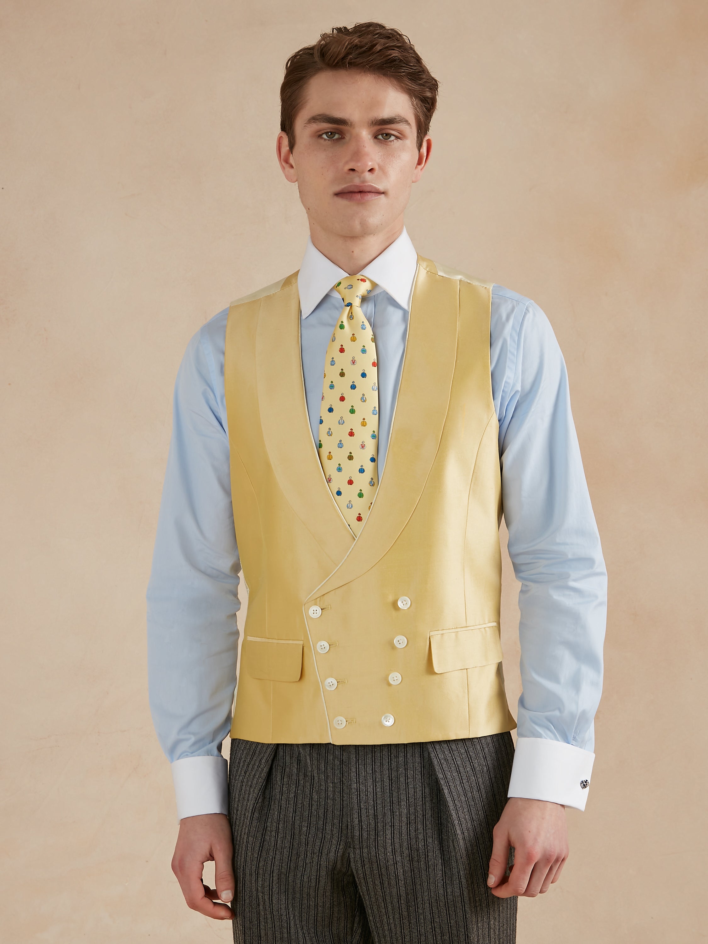 Double Breasted Silk Waistcoat With Piping - Yellow