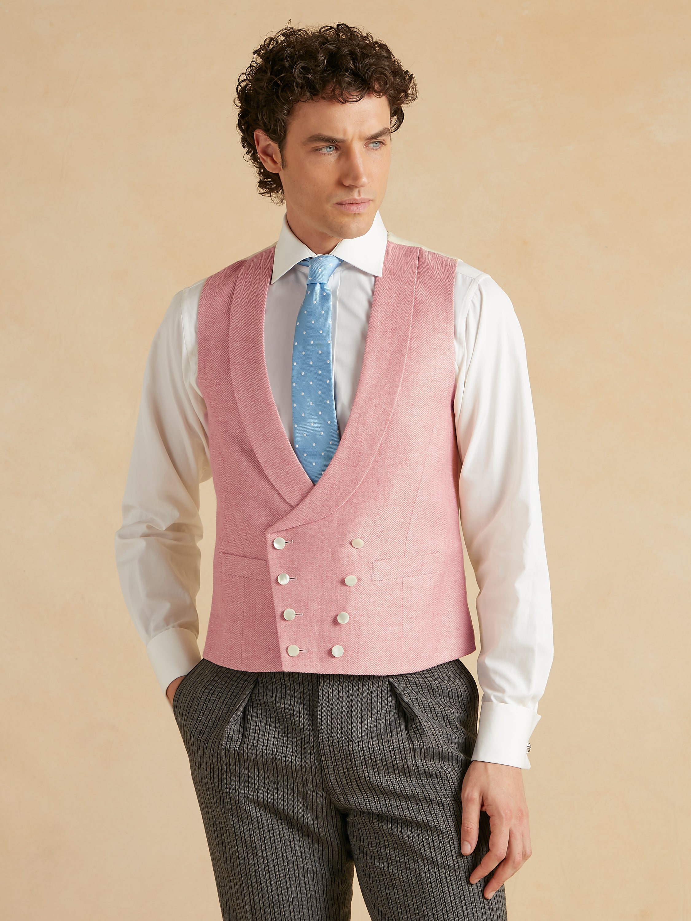 Double Breasted Waistcoat Silk Herringbone - Coral Pink