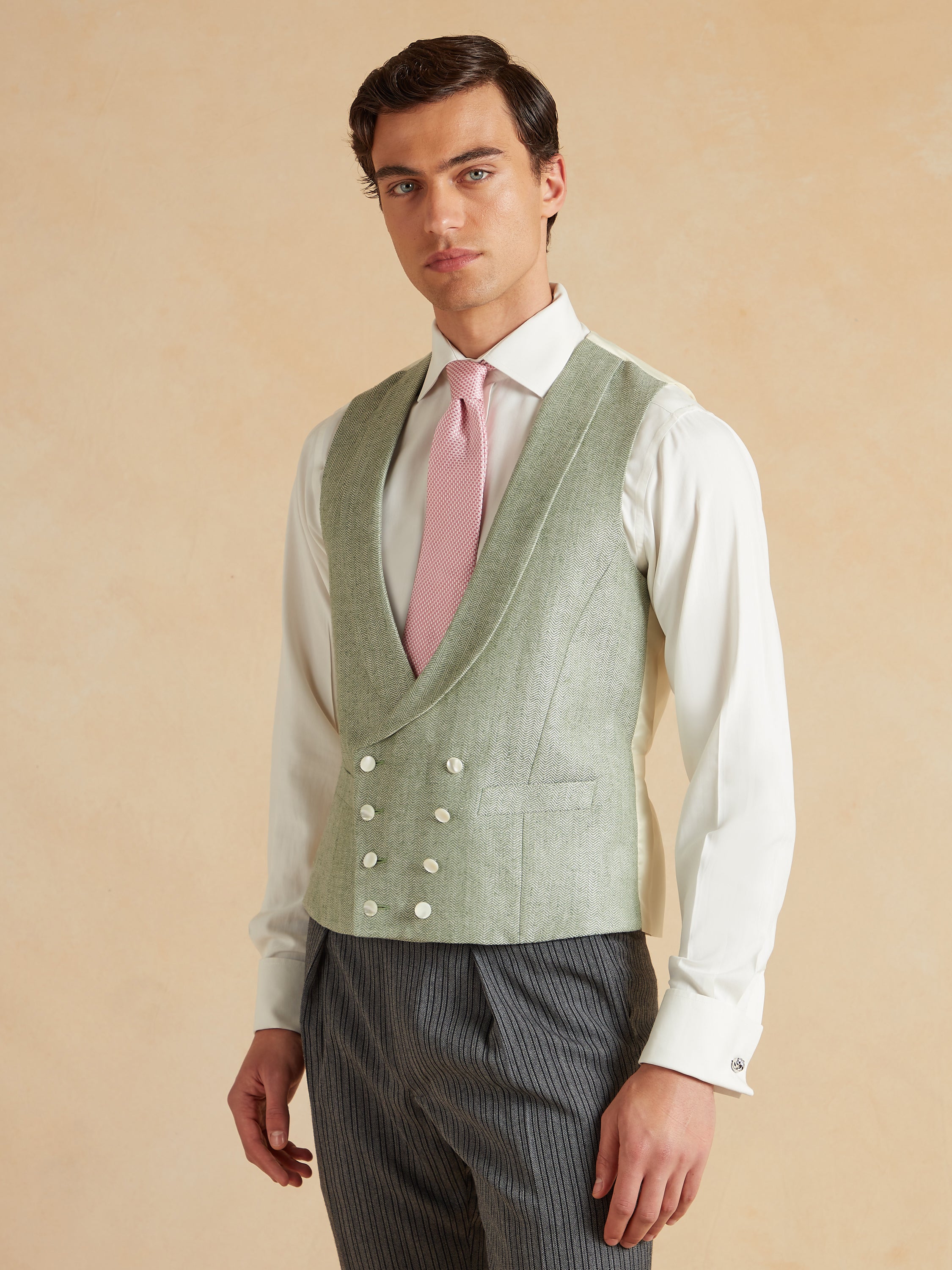 Double Breasted Waistcoat Silk Herringbone - Fern Green