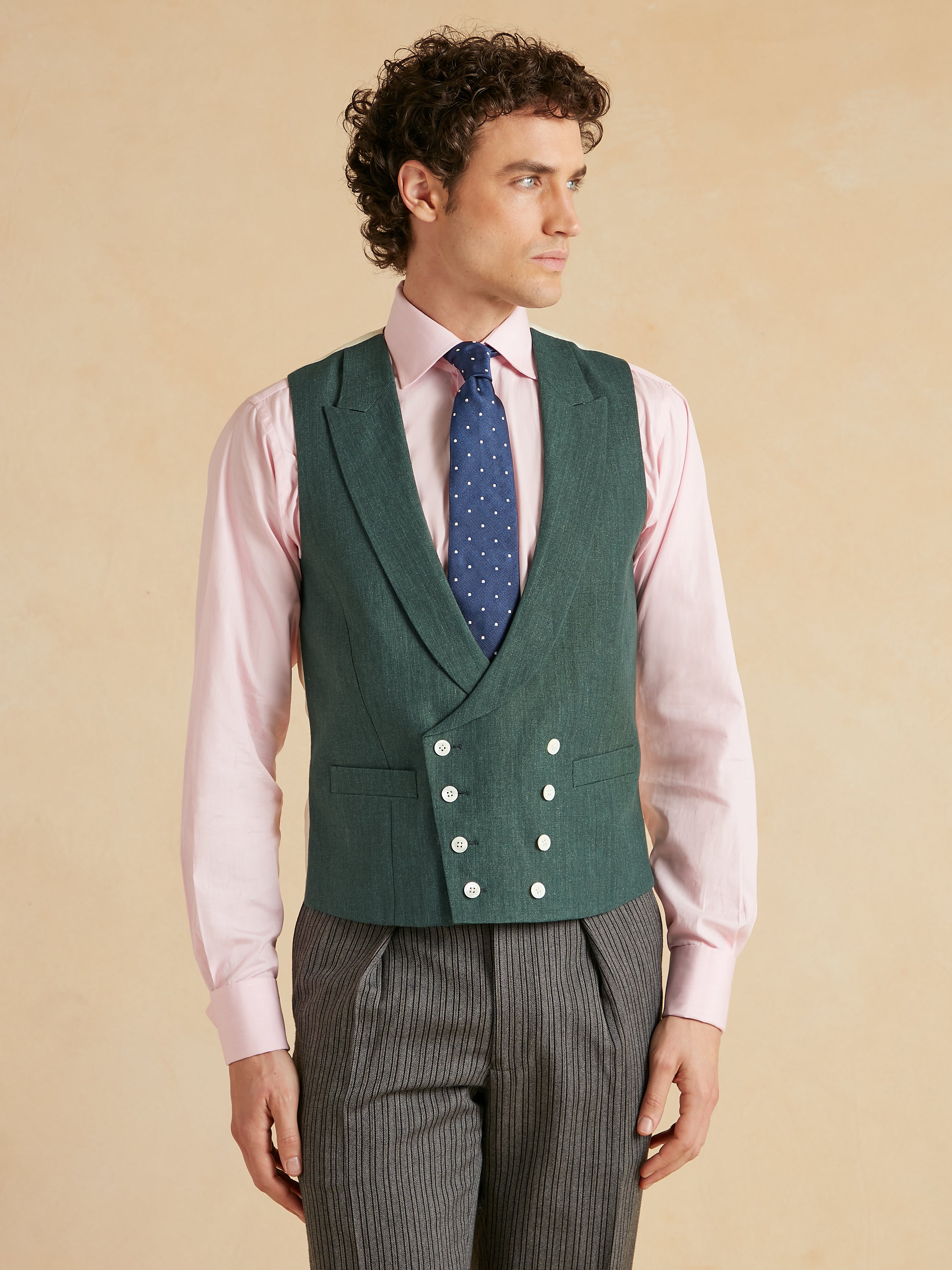 Double Breasted Dormeuil Linen Waistcoat - Deep Green | Morning