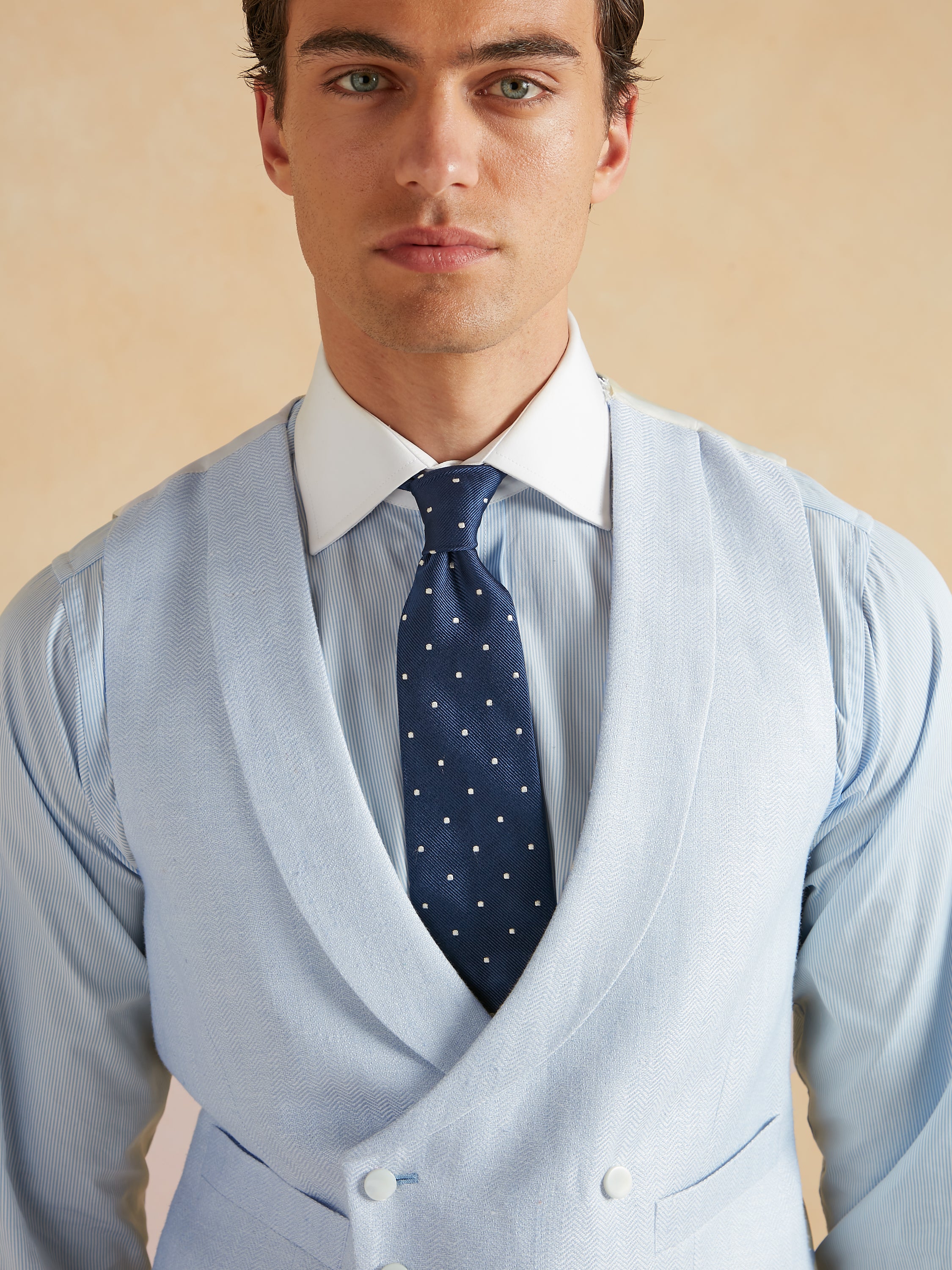 Double Breasted Waistcoat Silk Herringbone - Pale Blue