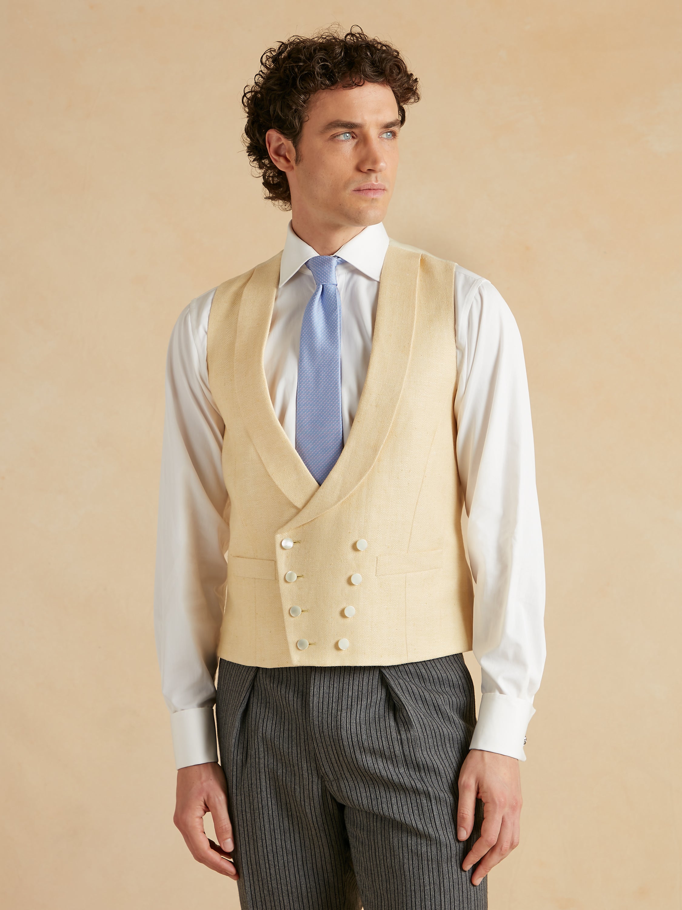 Double Breasted Waistcoat Silk Herringbone - Sunflower Yellow