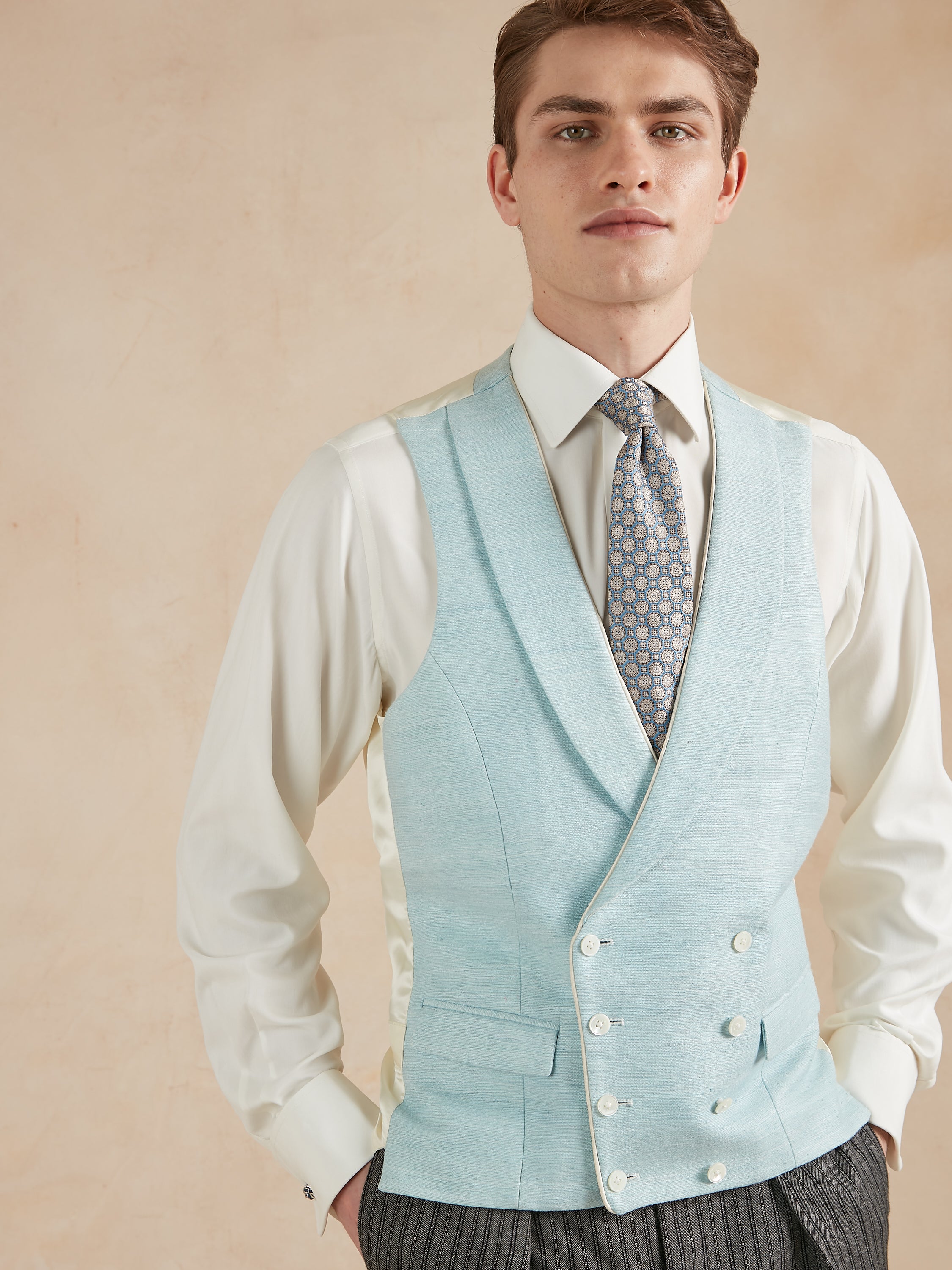Double Breasted Waistcoat Woven Silk - Glacier
