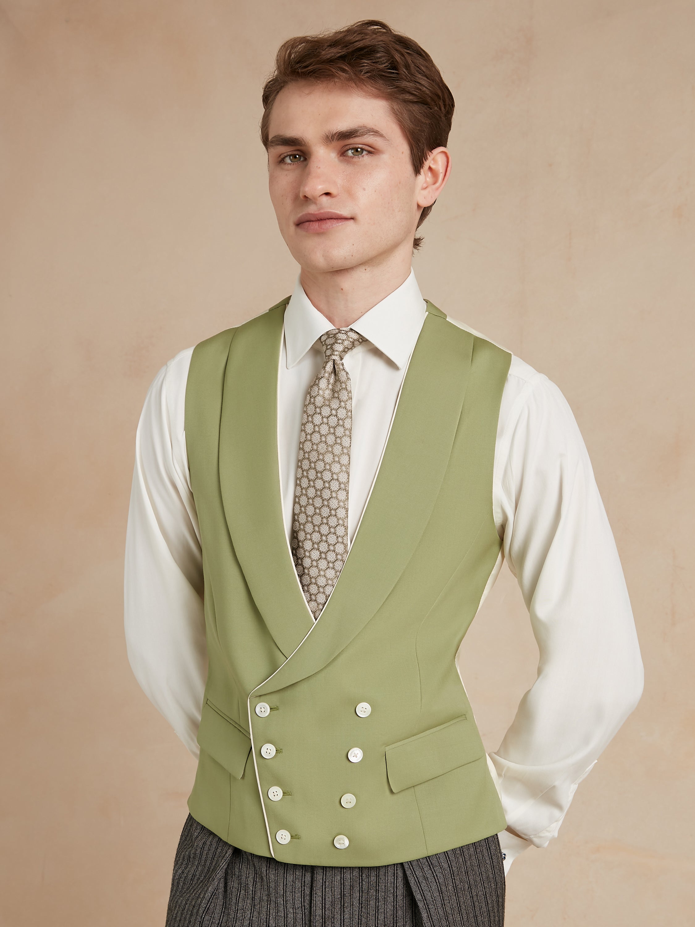 Double Breasted Wool Waistcoat With Piping - Green