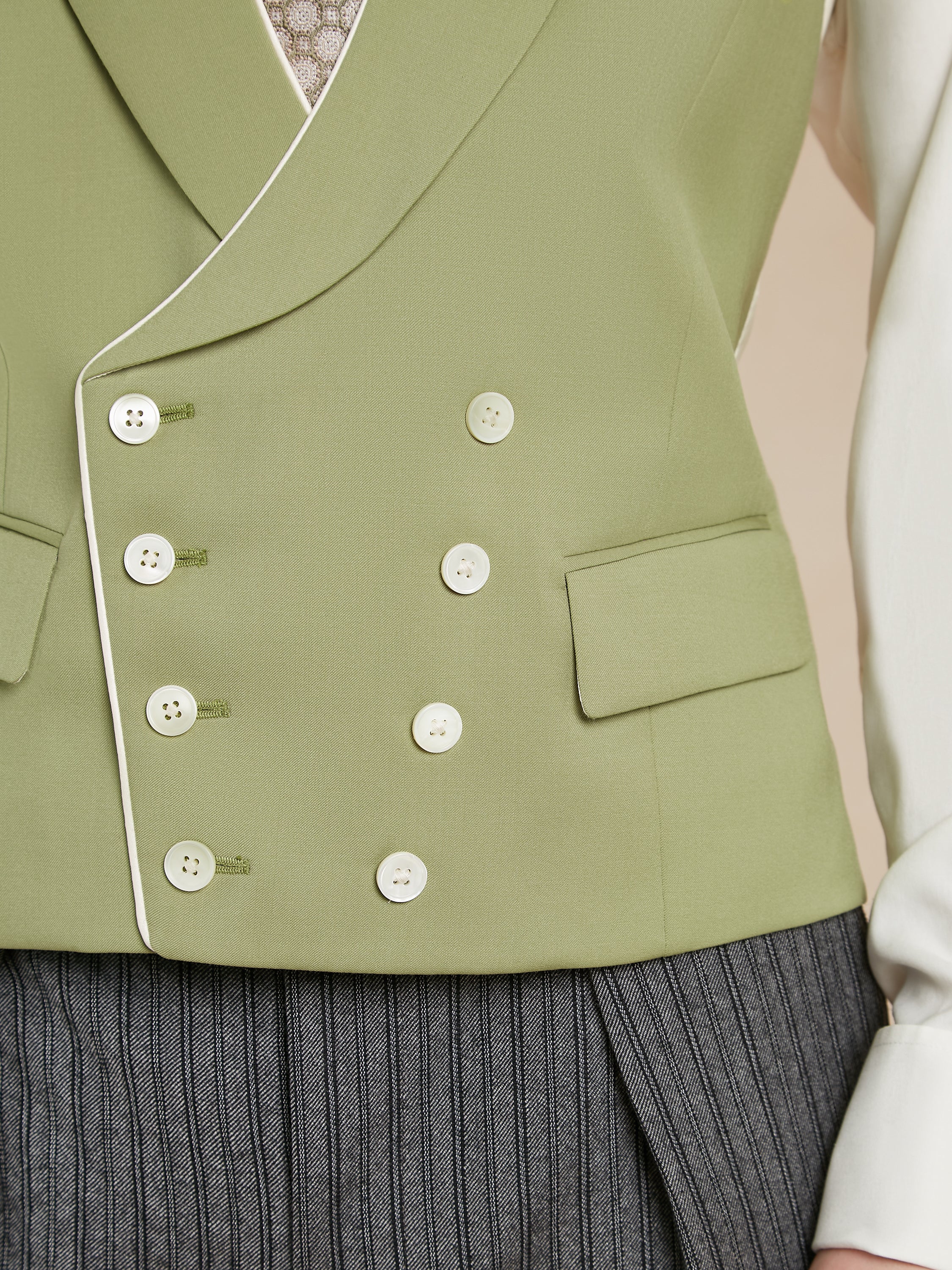 Double Breasted Wool Waistcoat With Piping - Green (Extended Sizing)