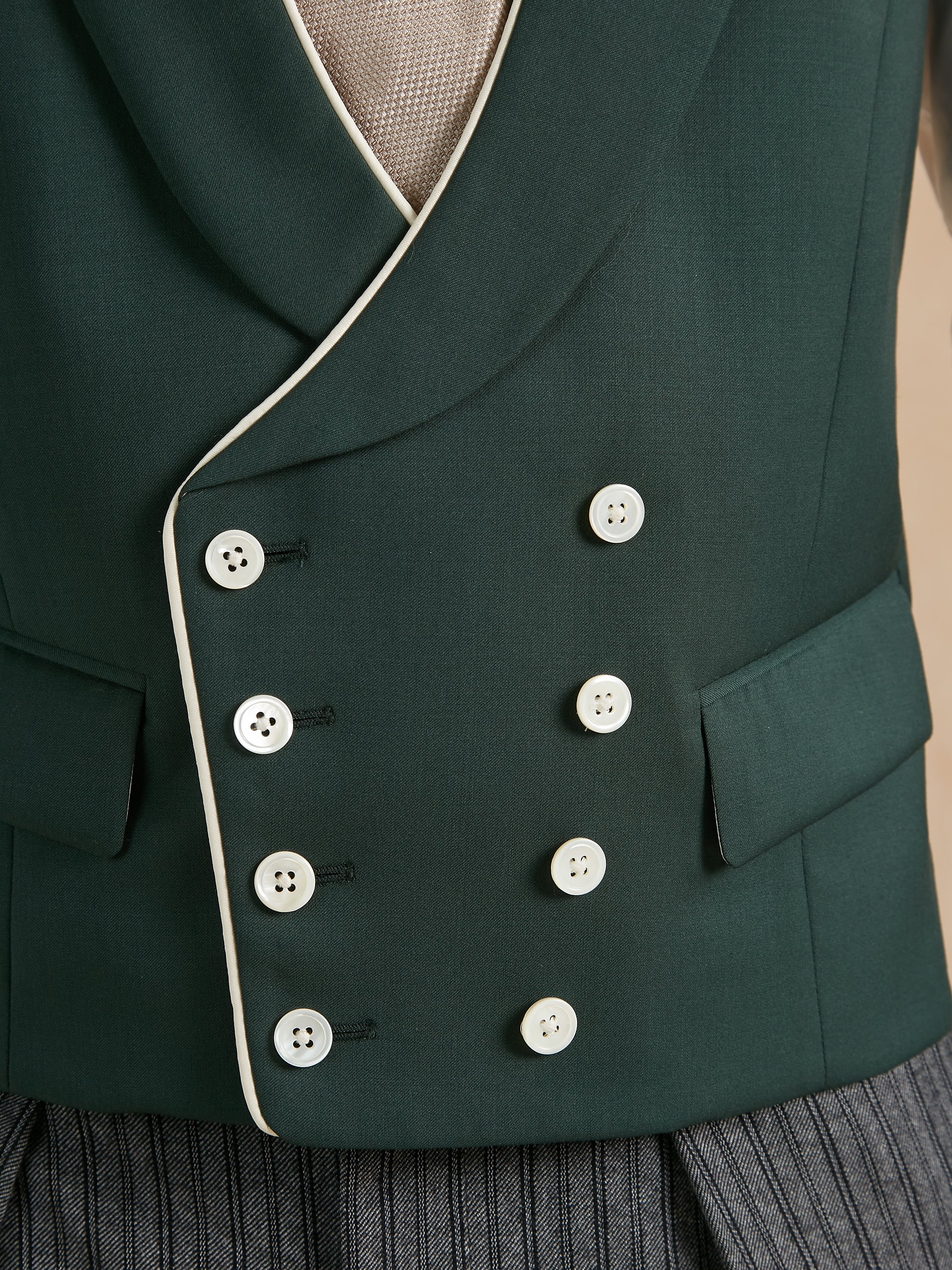 Double Breasted Wool Waistcoat With Piping - Hunter Green