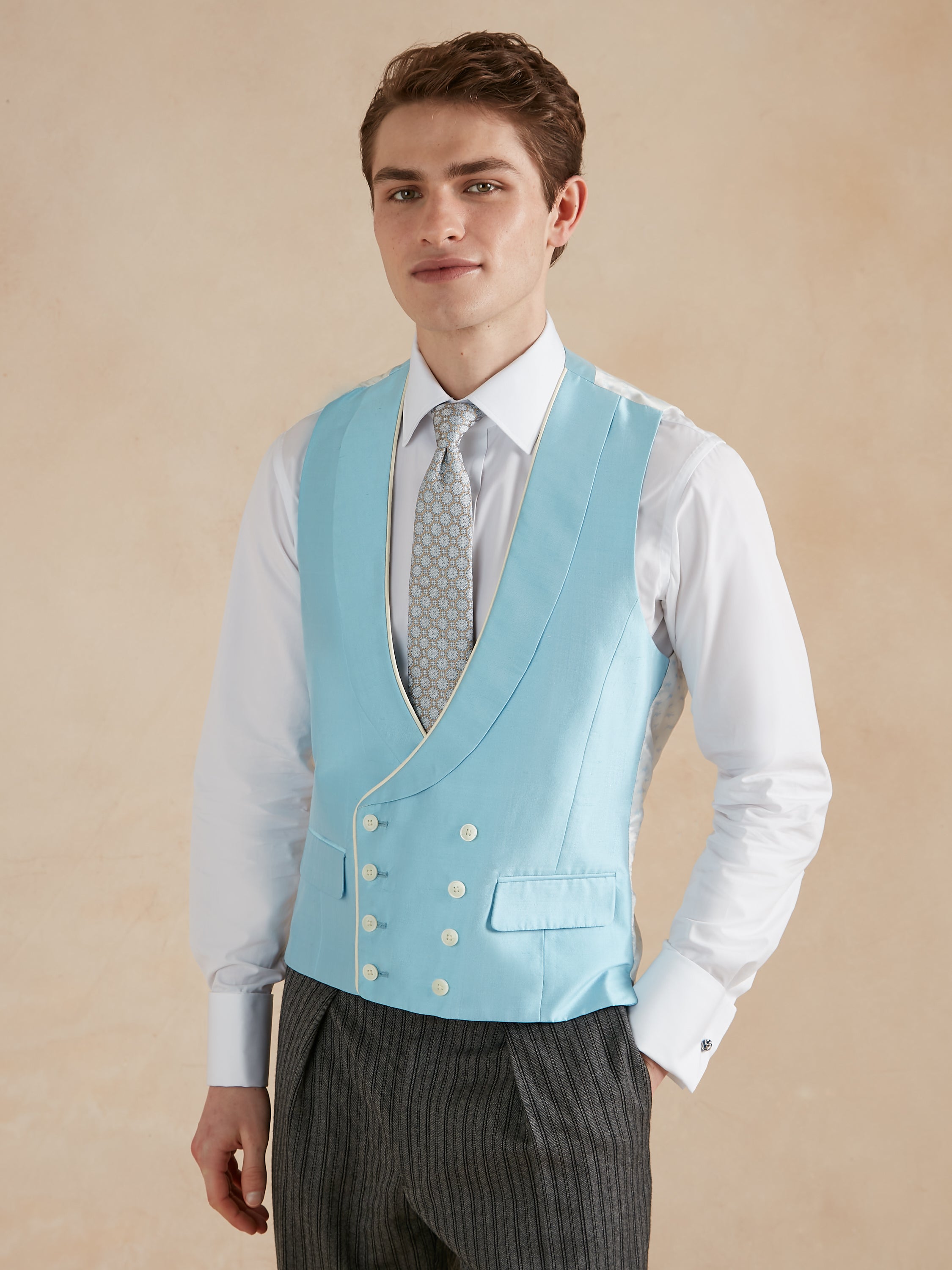 Double Breasted Silk Waistcoat With Piping - Blue