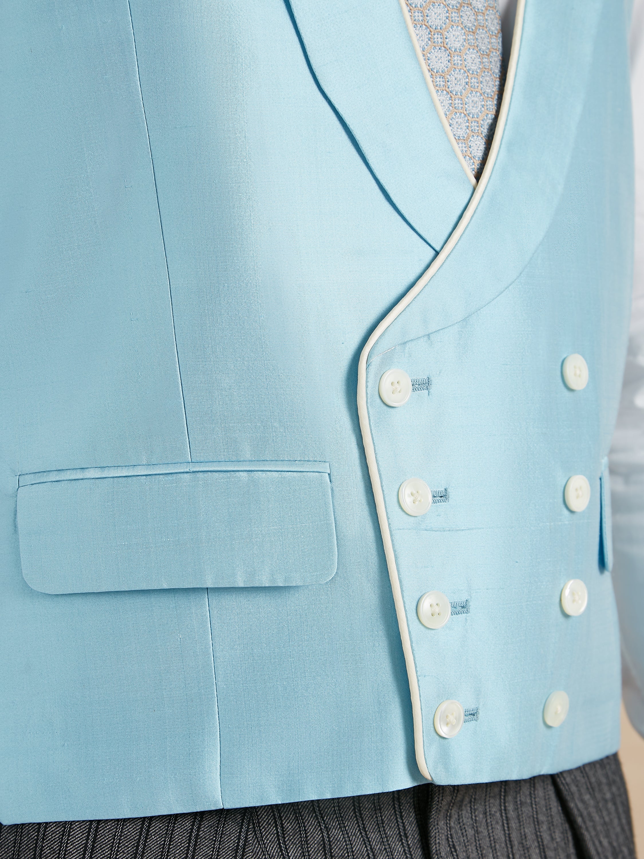 Double Breasted Silk Waistcoat With Piping - Blue (Extended Sizing)