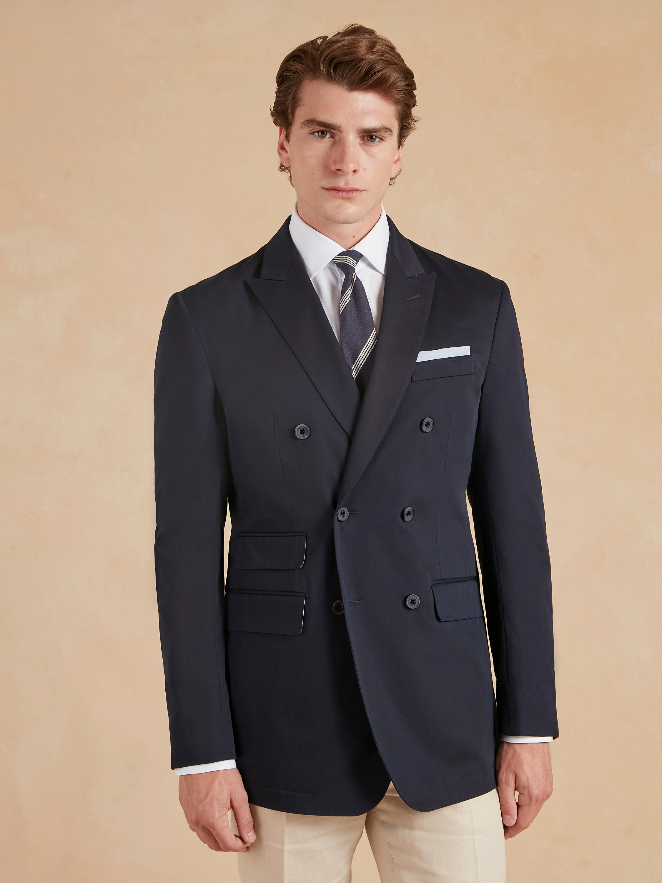 Double Breasted Cotton Blazer - Navy