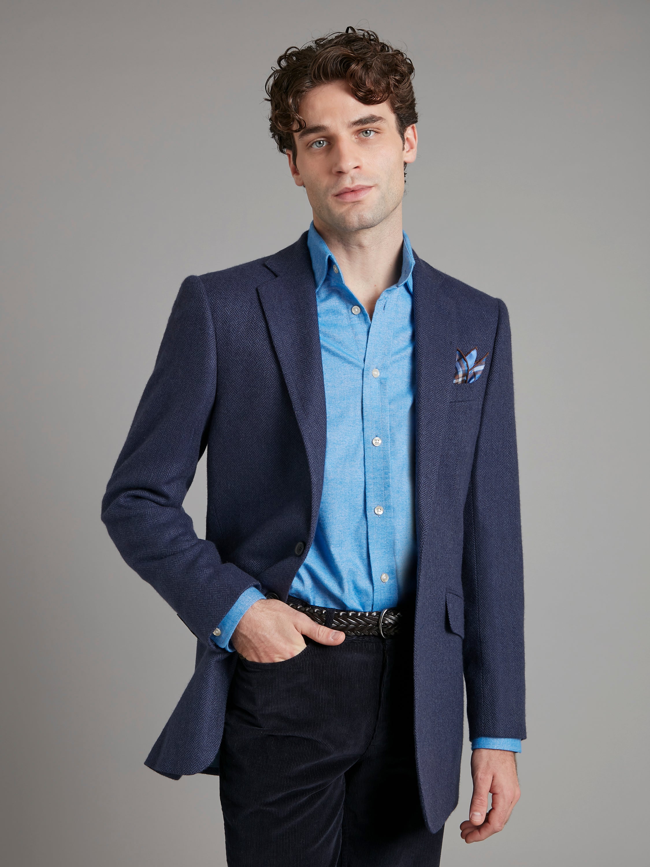 Eaton Jacket Pure Cashmere - Blue Herringbone