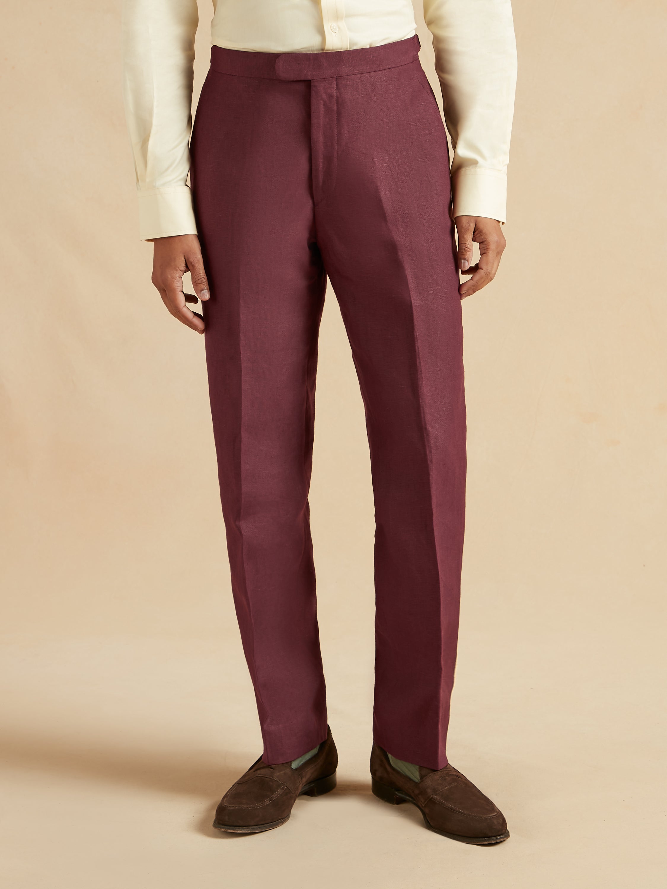 Flat Front Trousers Irish Linen - Burgundy