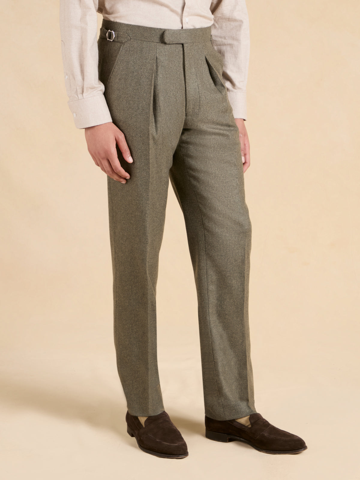 Grosvenor Pleated Trousers - Sage Marl Cashmere Blend Tweed