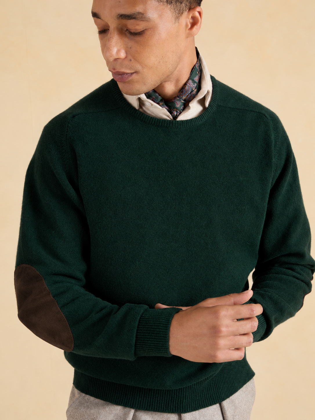 Lambswool Crew Neck with Alcantara Patches - Bottle