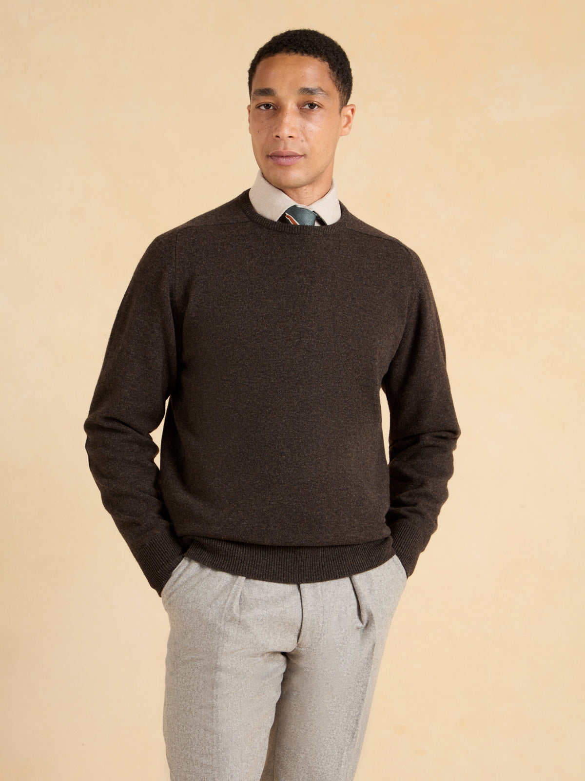 Lambswool Crew Neck with Alcantara Patches - Cocoa
