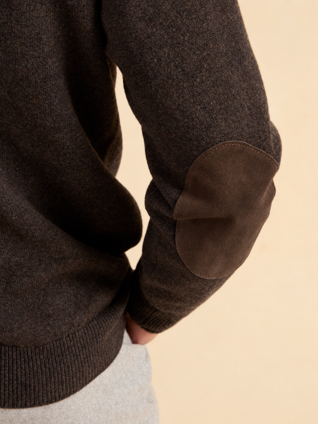 Lambswool Crew Neck with Alcantara Patches - Cocoa